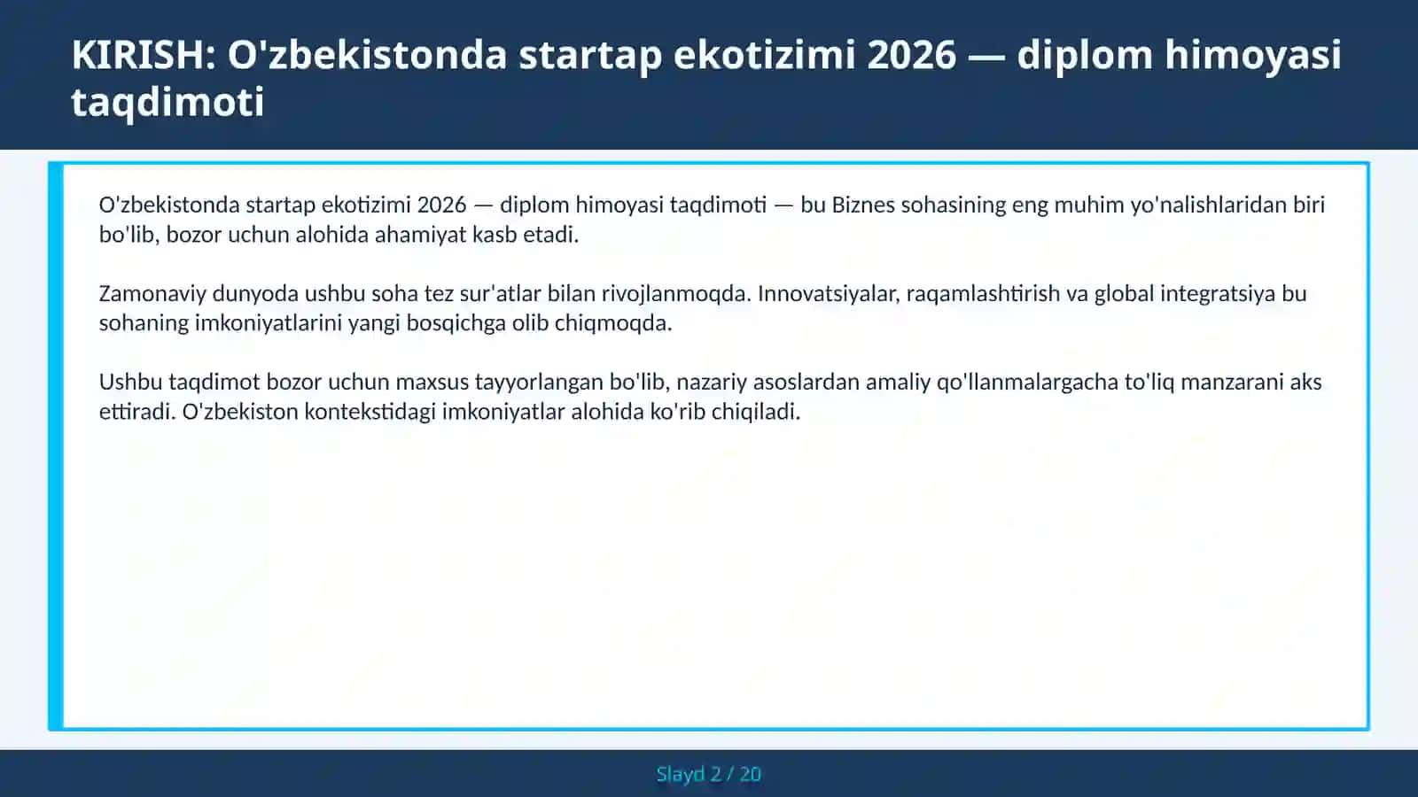 O'zbekistonda startap ekotizimi 2026 — diplom himoyasi taqdimoti 2