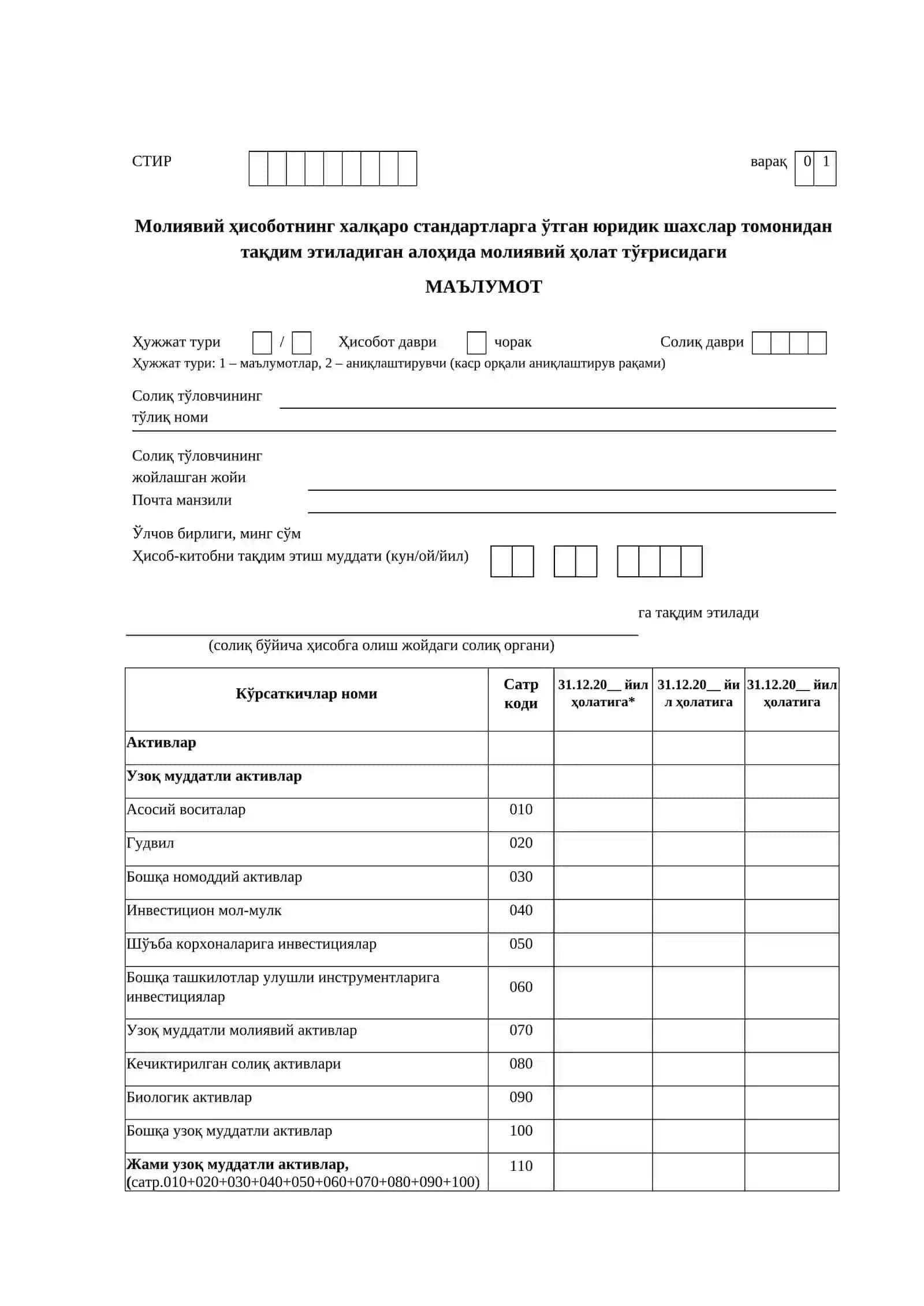 Молиявий ҳисоботнинг Халқаро стандарТларга ўтган юридик шахсларнинг солиқларини ҳисоблаб чиқиш учун зарур бўлган КЎРСАТКИЧЛАР БўЙИЧА СОЛИқ ҳИСОБОТИ ШАКЛЛАРИ 2