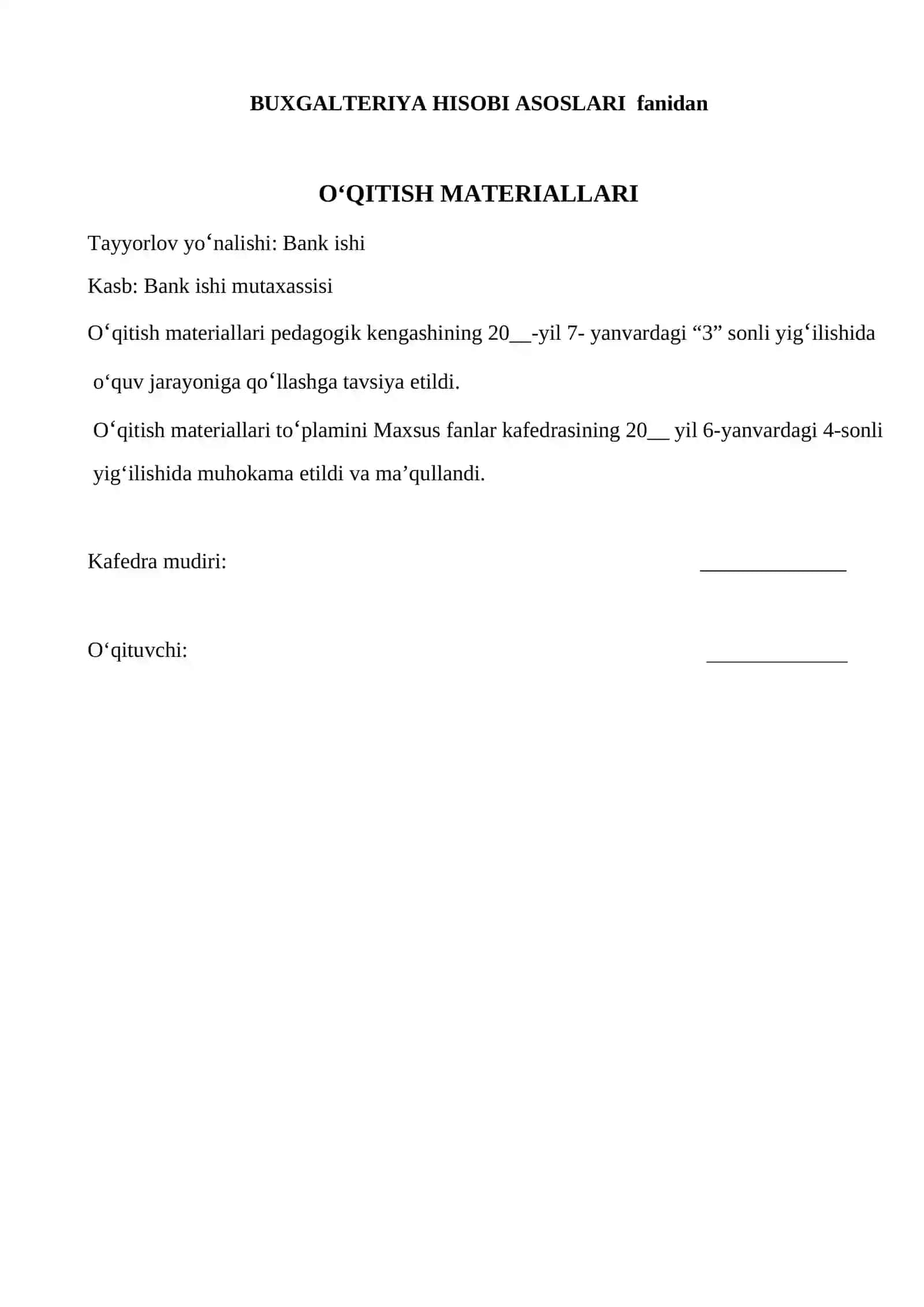 BUXGALTERIYA HISOBI ASOSLARI fanidan OʻQITISH MATERIALLARI 2