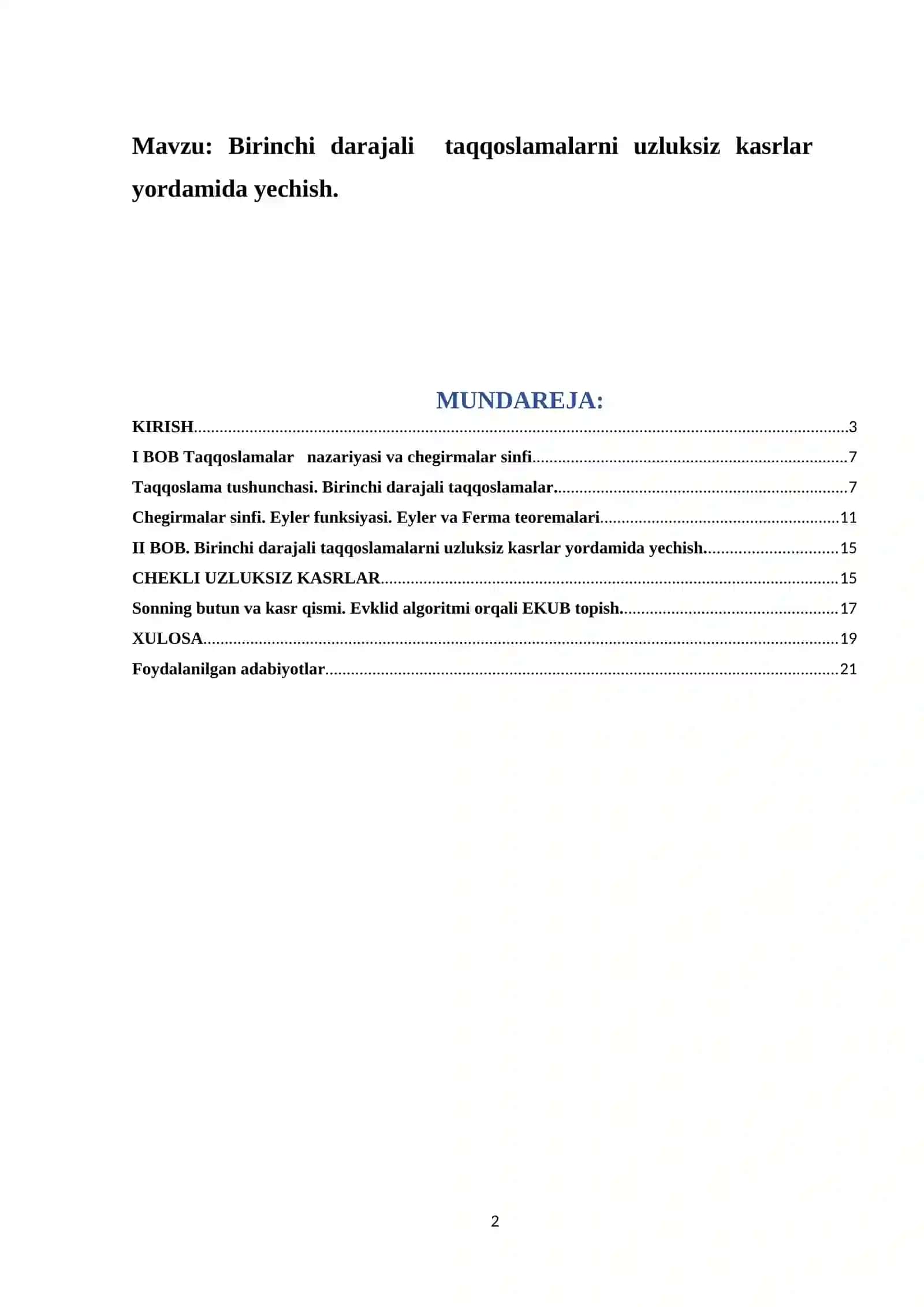 "Algebra va sonlar nazariyasi" FANIDAN KURS ISHI 2