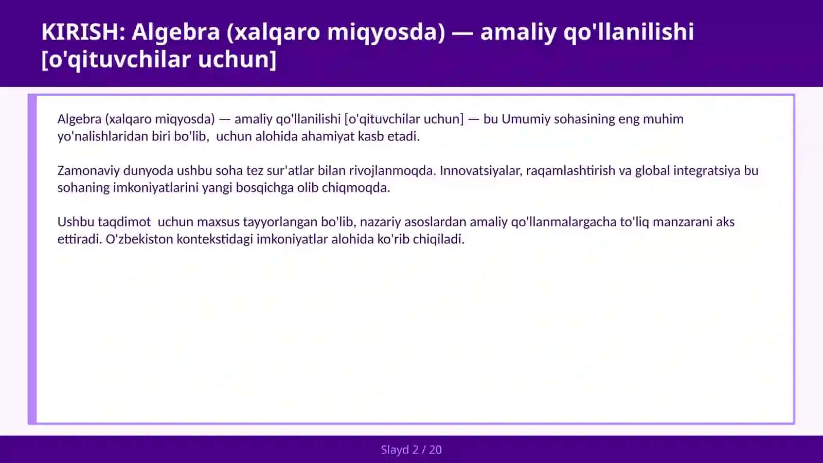 Algebra (xalqaro miqyosda) — amaliy qo'llanilishi [o'qituvchilar uchun] 2