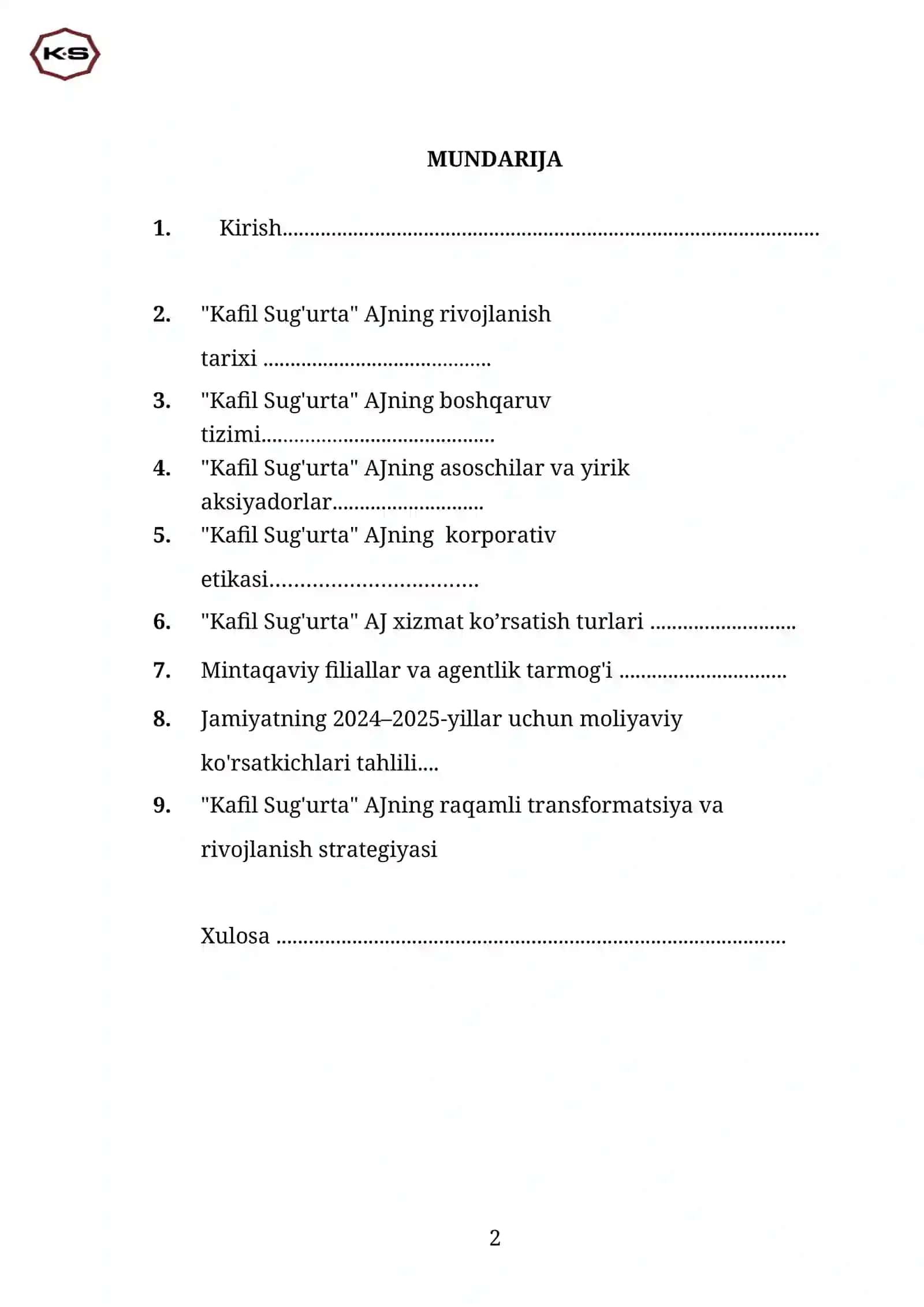 KAFIL SUGʻURTA. AMALIYOT HISOBOTI. SIFATLI 2