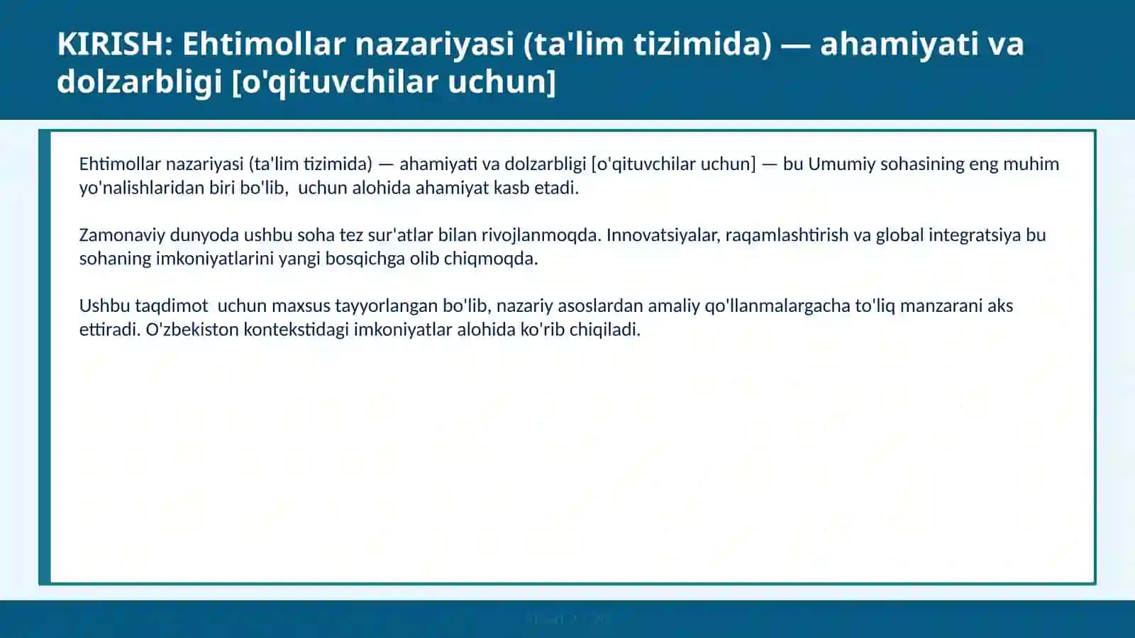 Ehtimollar nazariyasi (ta'lim tizimida) — ahamiyati va dolzarbligi [o'qituvchilar uchun] 2