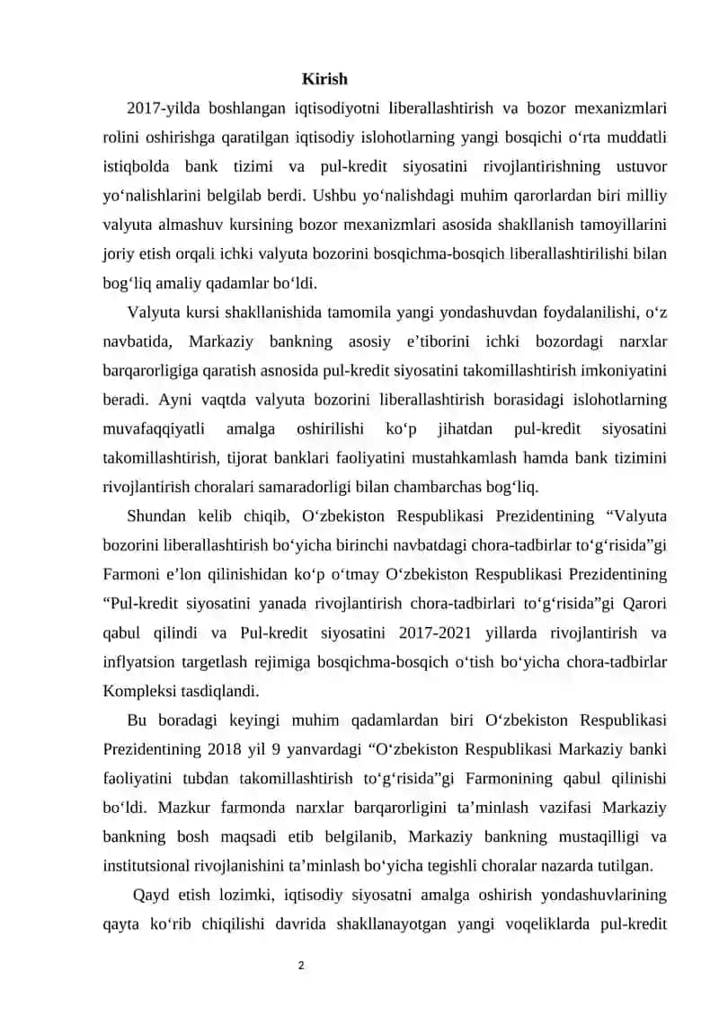 O‘zbekiston Respublikasi pul-kredit siyosati 2