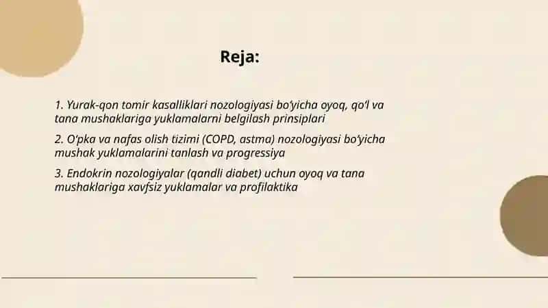 Yurak-qon tomir kasalliklari nozologiyasi boʻyicha oyoq, qoʻl va tana mushaklariga yuklamalarni belgilash prinsiplari 2