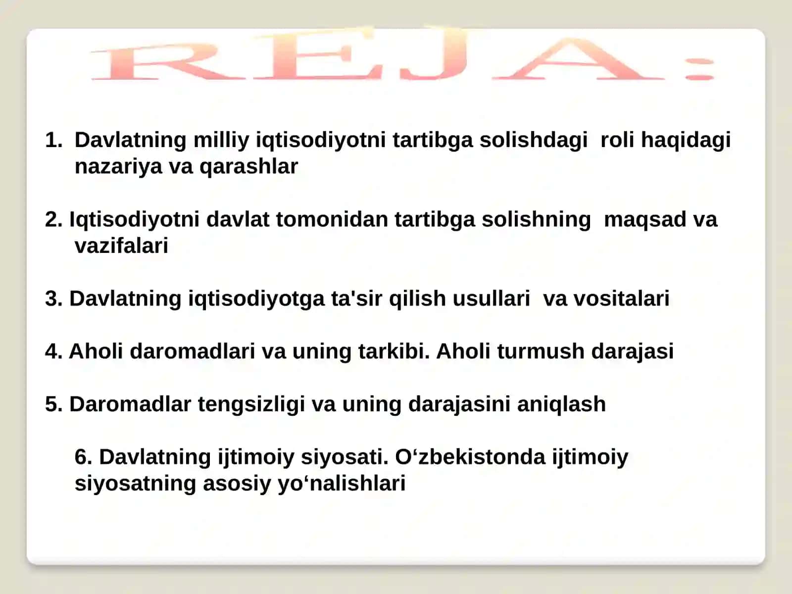 BOZOR IQTISODIYoTINI TARTIBGA SOLIShDA DAVLATNING IQTISODIY ROLI.AHOLI DAROMADLARI VA TURMUSh DARAJASI 2