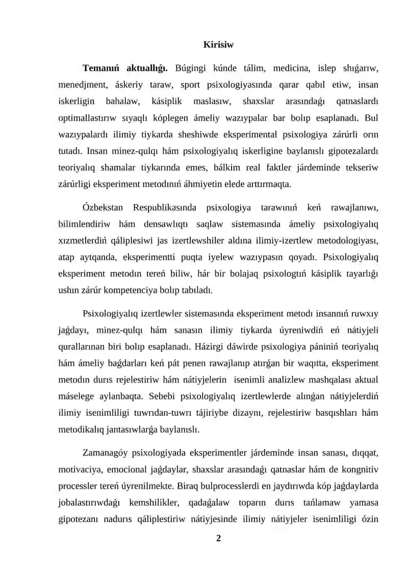 PSIXOLOGIYALIQ EKSPERIMENTTIŃ TIYKARLARI 2