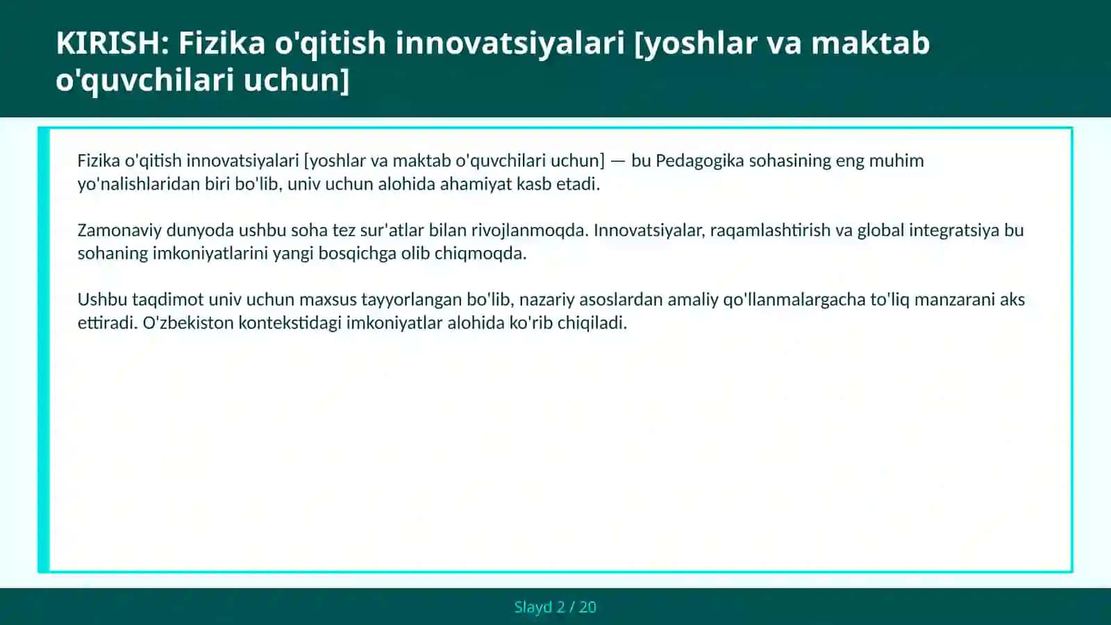 Fizika o'qitish innovatsiyalari [yoshlar va maktab o'quvchilari uchun] 2