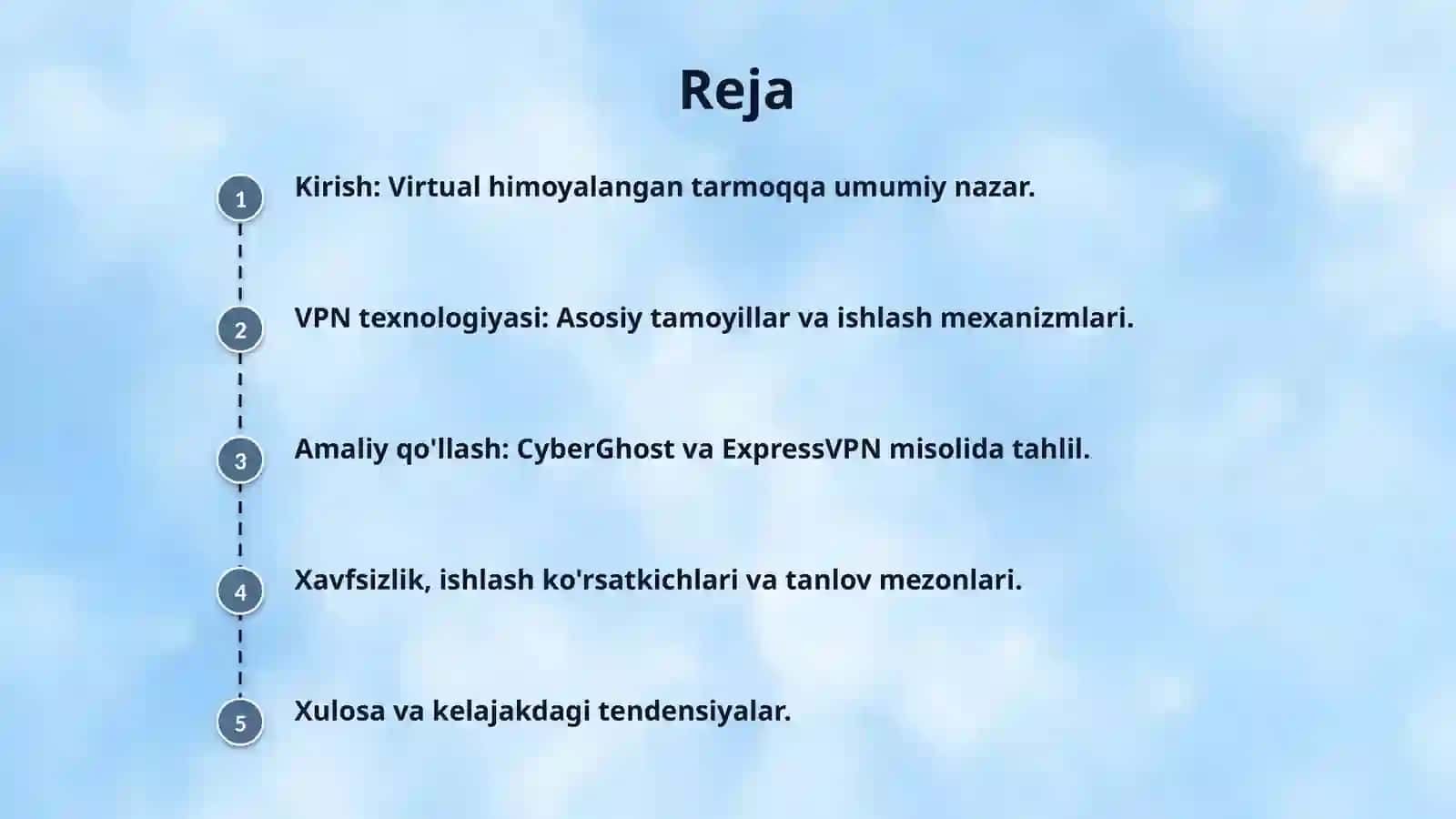 Virtual himoyalangan tarmoq va undan amaliyotda foydalanish (masalan, CyberGhost yoki ExpressVPN misolida). 2