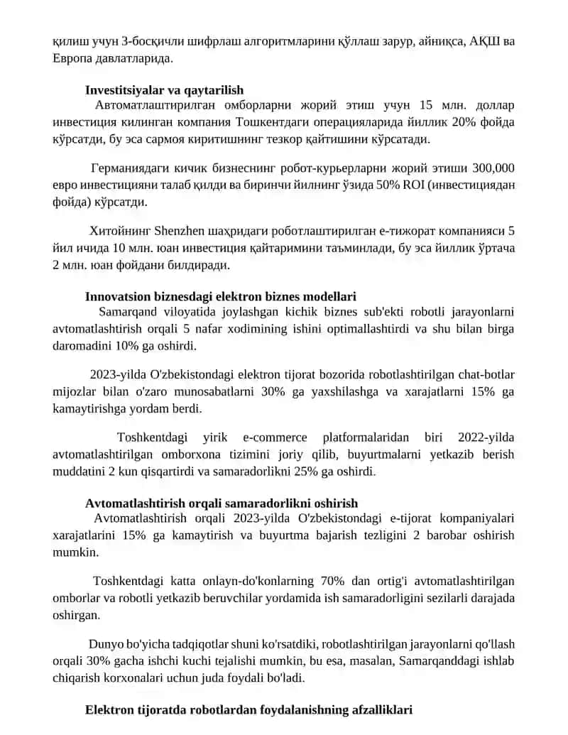 Innovatsion biznesda robot texnologiyalaridan samarali foydalanish Elektron biznes modellari 2