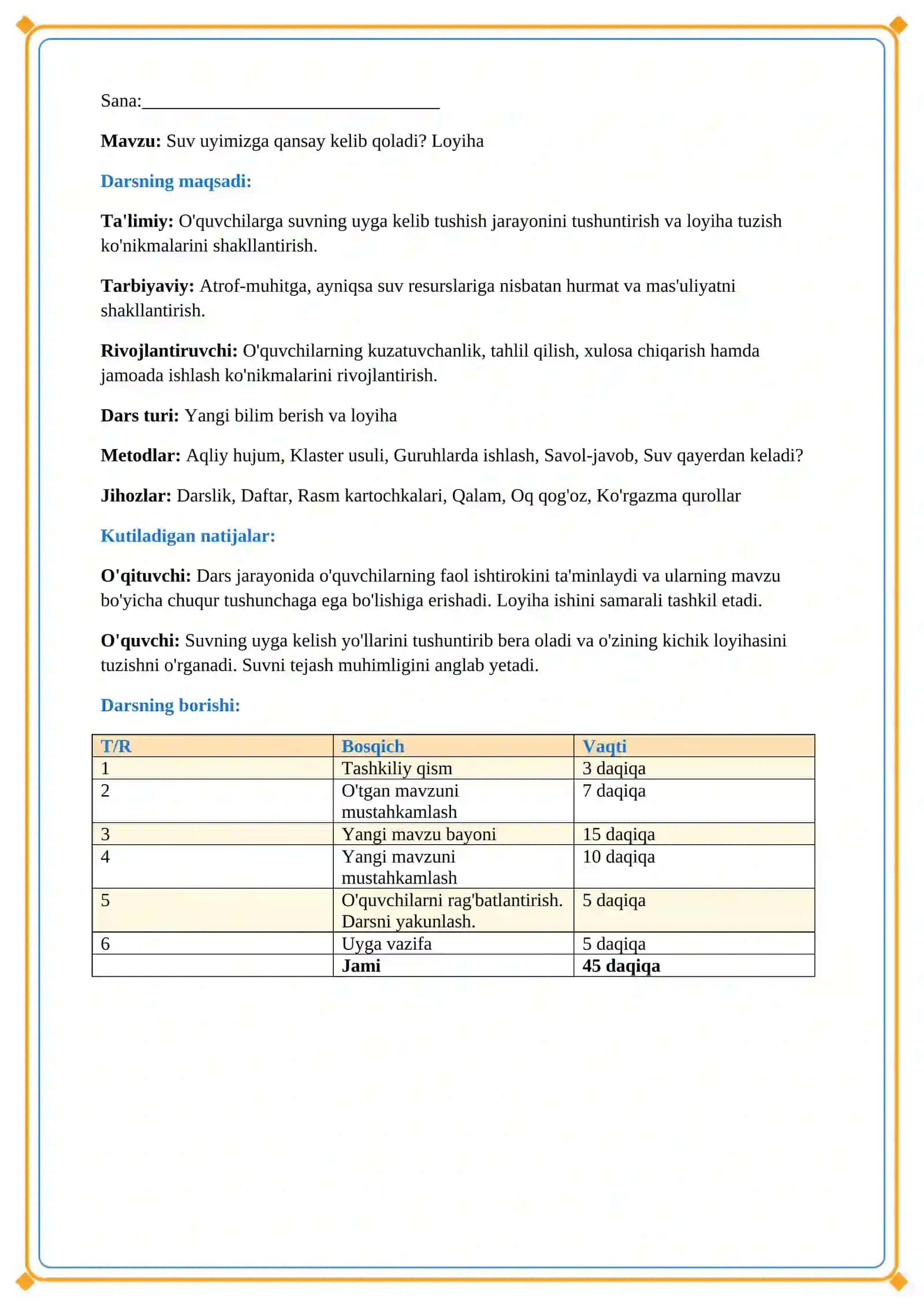Lesson on Suv uyimizga qansay kelib qoladi? Loyiha 2