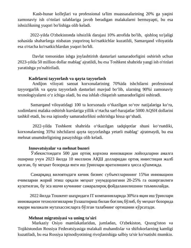 Mehnat bozori va korxonalarda mehnat resurslaridan foydalanish 2