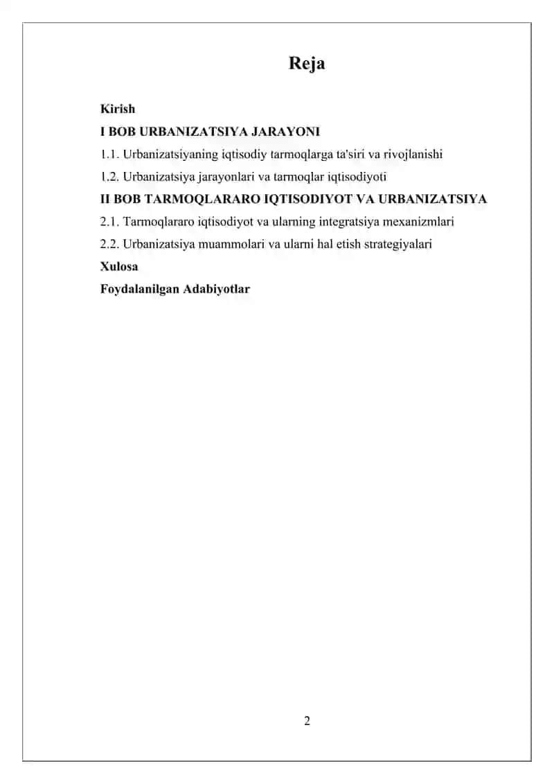 "Urbanizatsiya jarayonlari va tarmoqlar iqtisodiyoti" 2