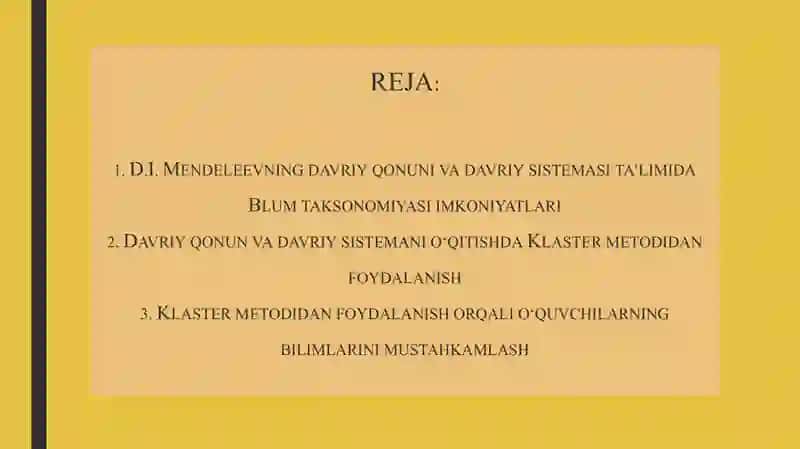 D.I.Mendeleevning elementlar davriy sistemasi va davriy qonun mavzusini o‘rganishda Blum taksonomiyasi “baholash, xulosalash”ning qo‘llanilishi 2