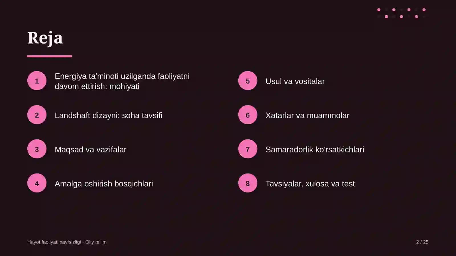 Landshaft dizaynida energiya ta'minoti uzilganda faoliyatni davom ettirish 2