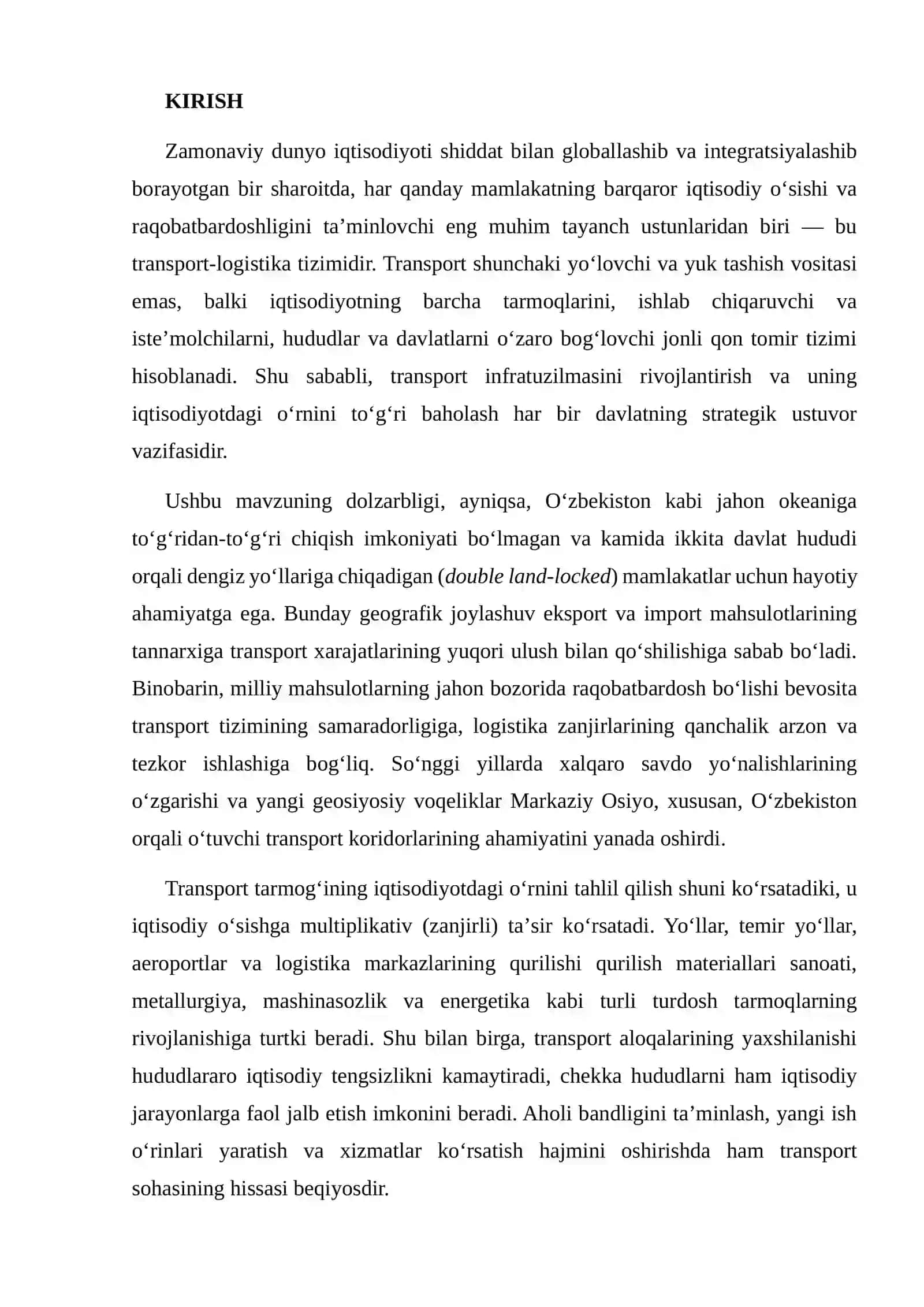Transport tarmogʻining iqtisodiyotdagi o'rni va rivojlanish istiqbollari 2