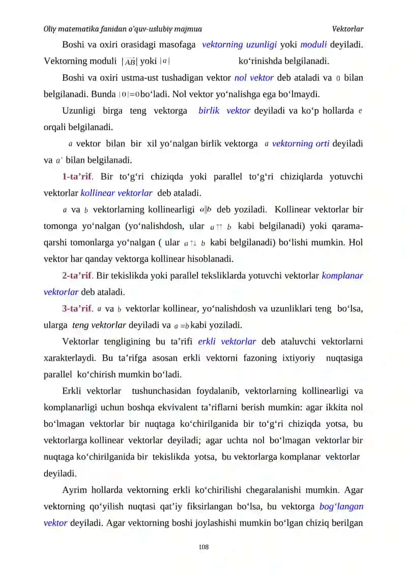 Oliy matematika fanidan o’quv-uslubiy majmua Vektorlar 2