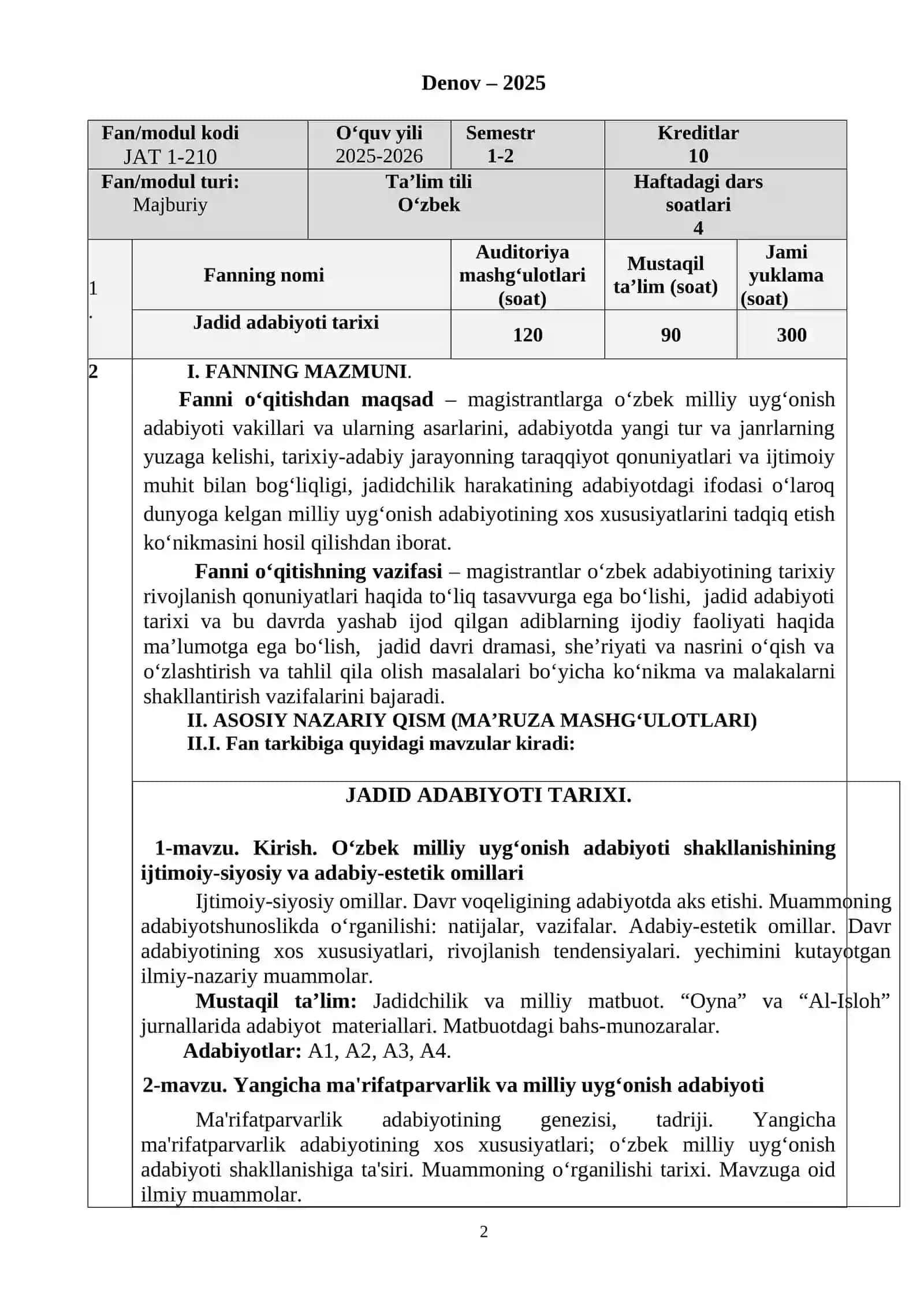JADID ADABIYOTI TARIXI FANI O`QUV DASTURI 2