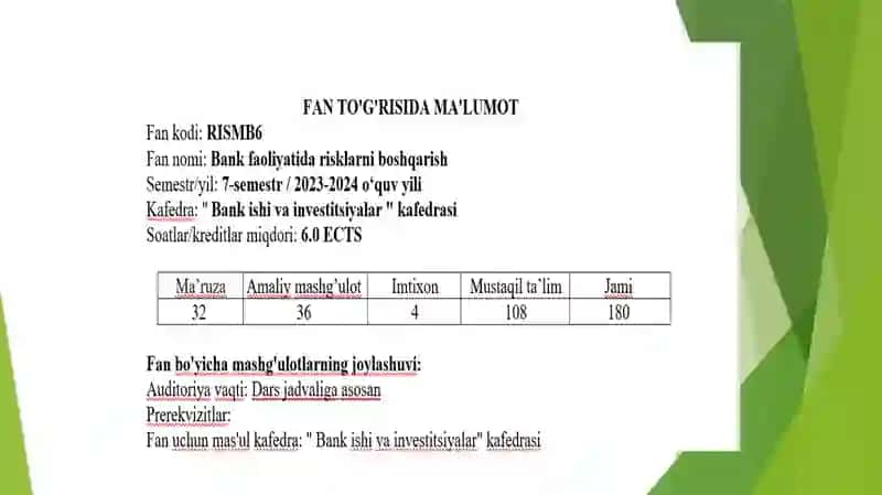 BANK FAOLIYATIDA RISKLARNI BOSHQARISH 2