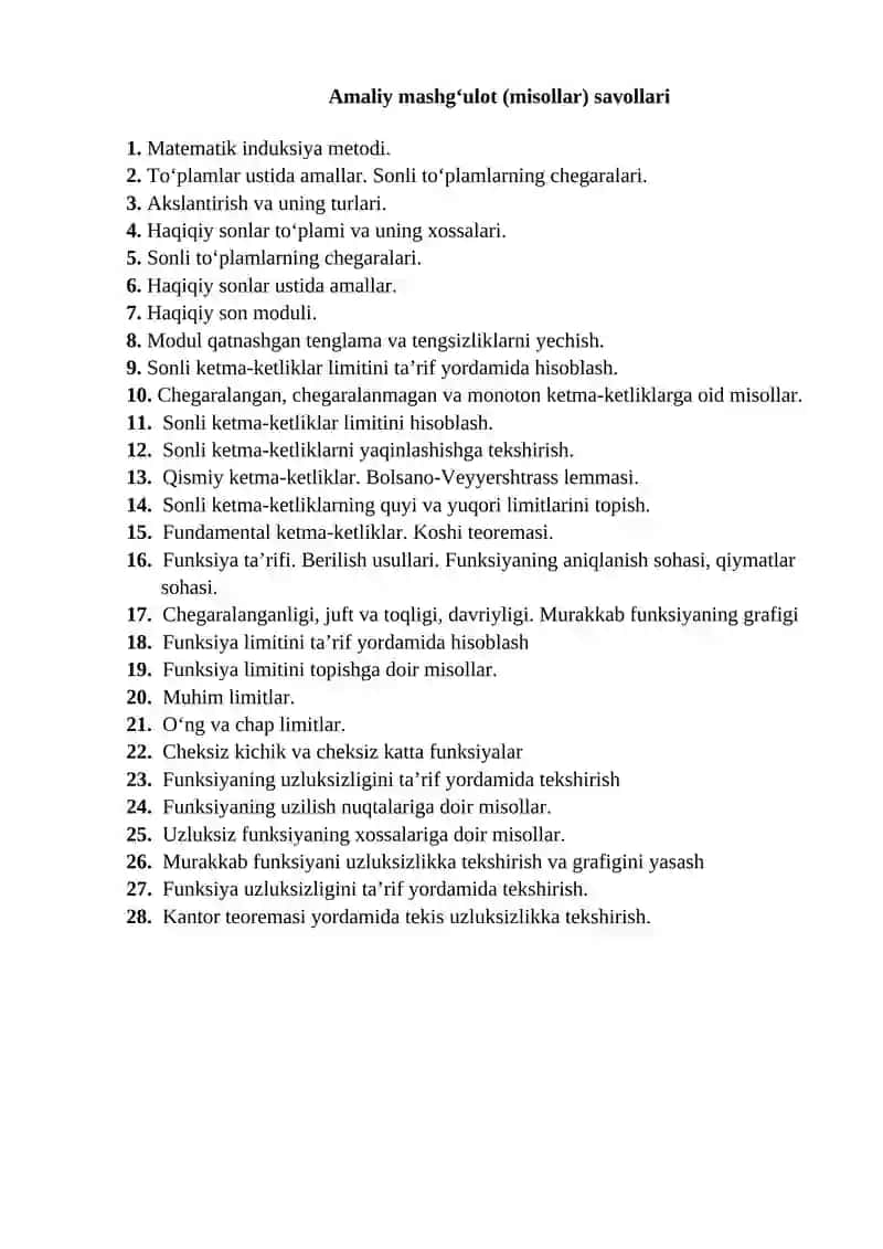 Matematik analiz fanidan oraliq va yakuniy nazorat savollari 2