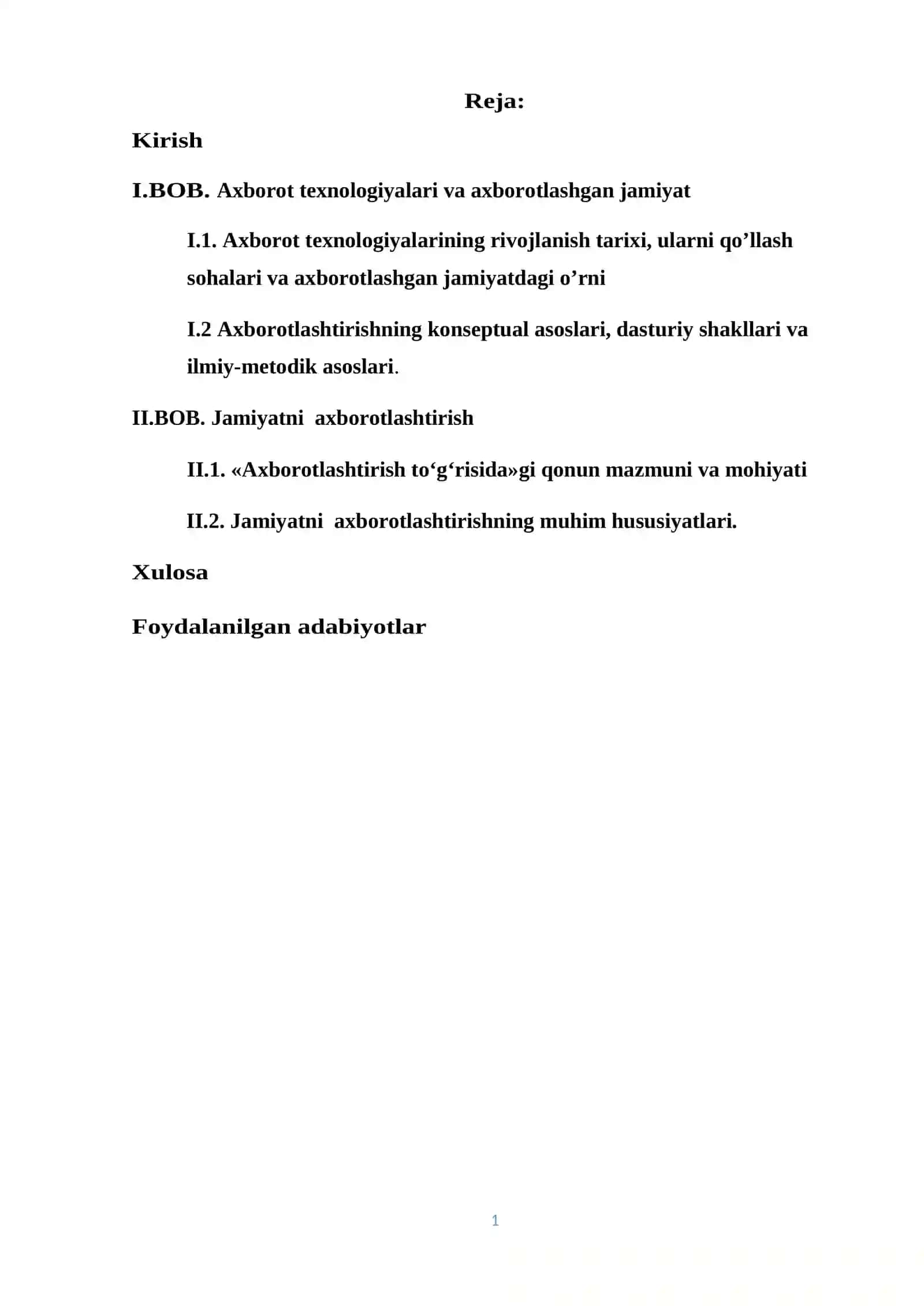 “Axborot texnologiyalari va axborotlashgan jamiyat” Referat 2