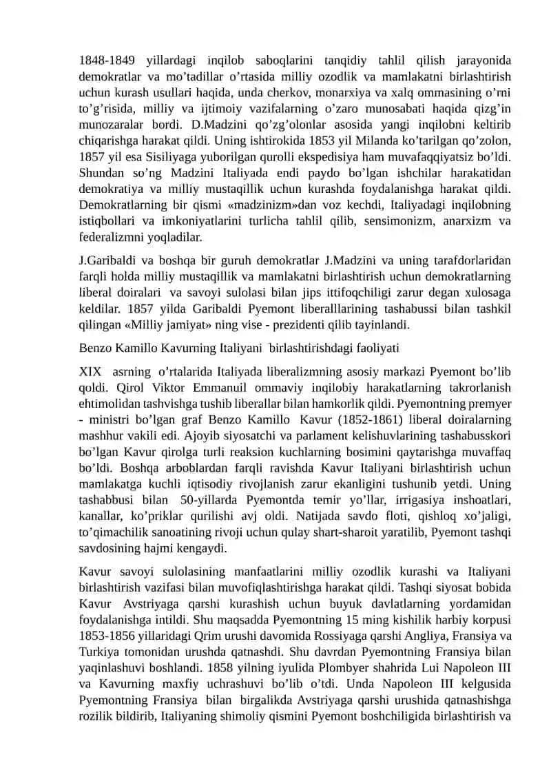 ITALIYA VA GERMANIYANING BIRLASHTIRILISHI. FRANSIYA-PRUSSIYA URUSHI VA UNING NATIJALARI. XVI-XVIII ASRLARDA AFRIKA XALQLARI 2
