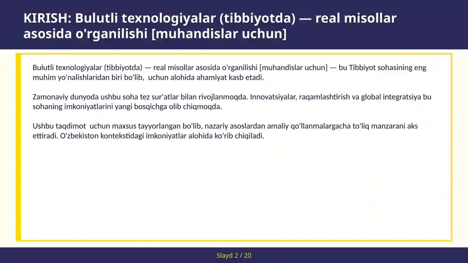 Bulutli texnologiyalar (tibbiyotda) — real misollar asosida o'rganilishi [muhandislar uchun] 2
