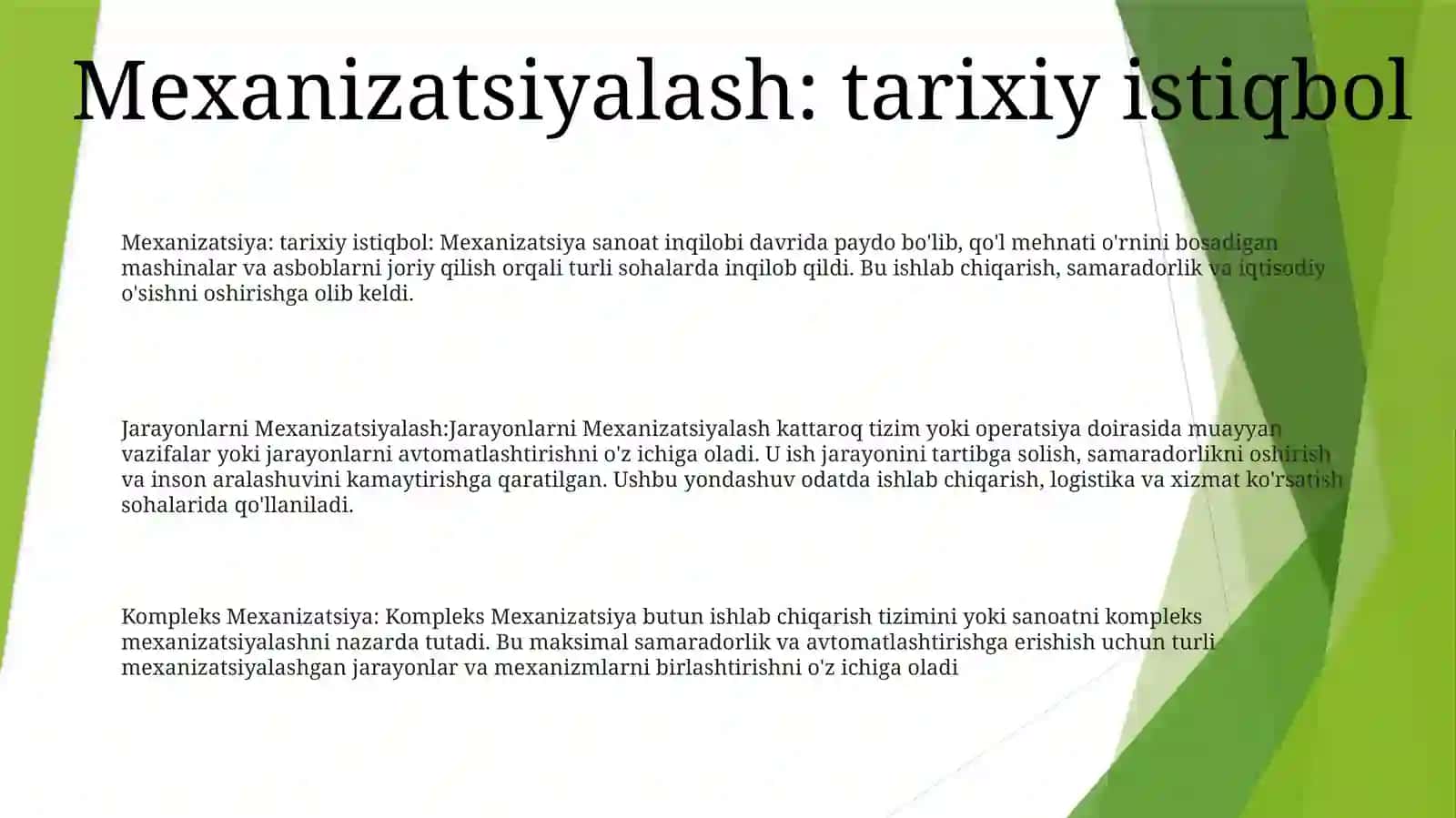 Jarayonlarni Mexanizatsiyalash, Kompleks Mexanizatsiya 2