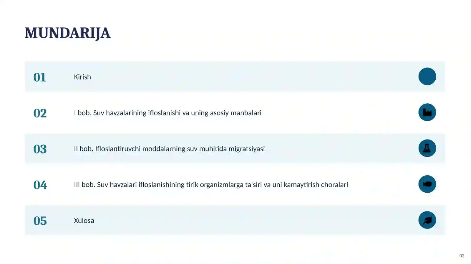 Suv havzalarining ifloslanishi: manbalari, ifloslantiruvchi moddalar migratsiyasi va tirik organizmlar uchun ta’siri 2