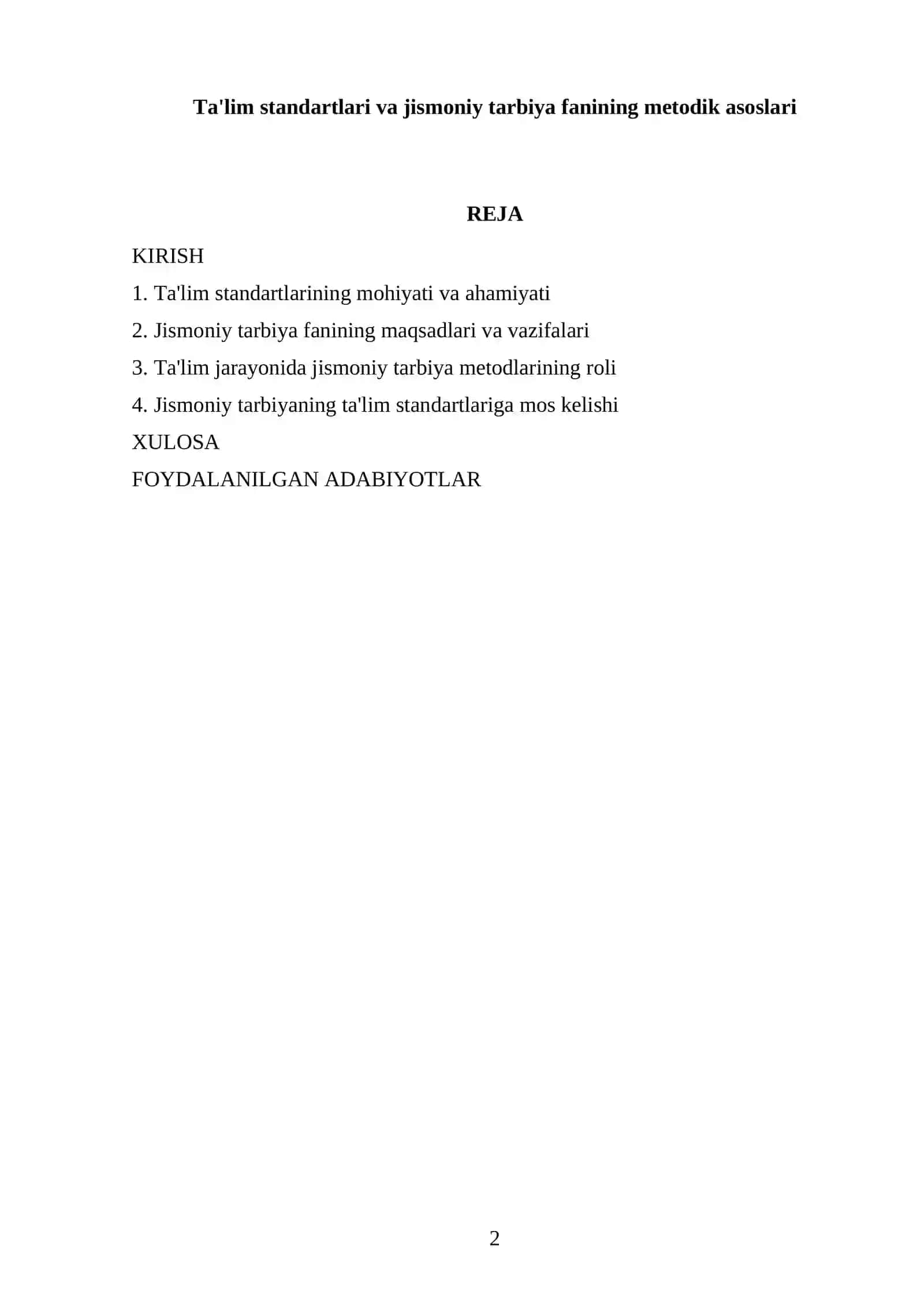 Ta'lim standartlari va jismoniy tarbiya fanining metodik asoslari 2