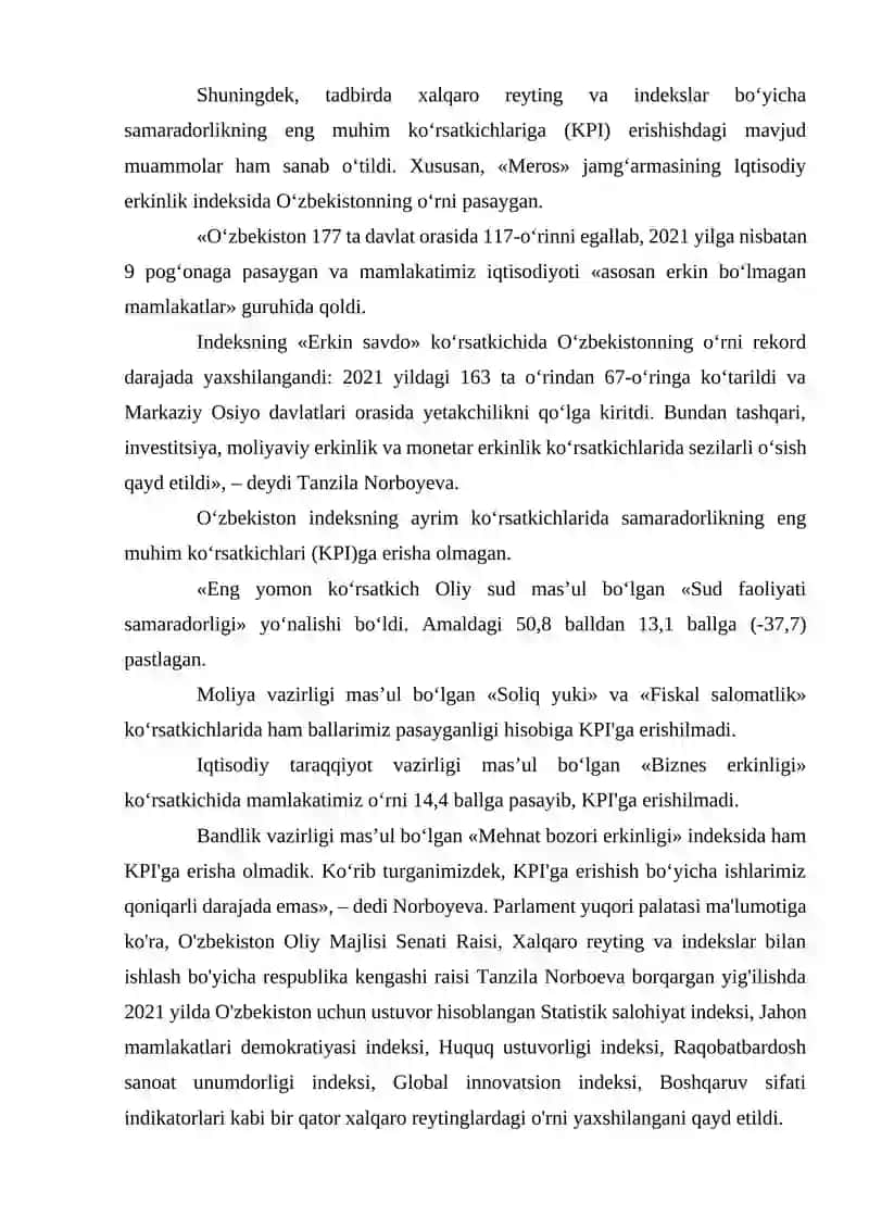 O'zbekistonni xalqaro reytinglardagi korsatkichlari 2
