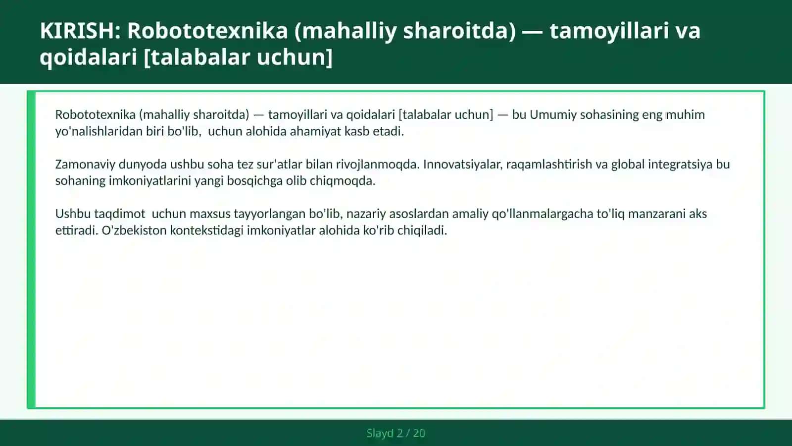 Robototexnika (mahalliy sharoitda) — tamoyillari va qoidalari [talabalar uchun] 2