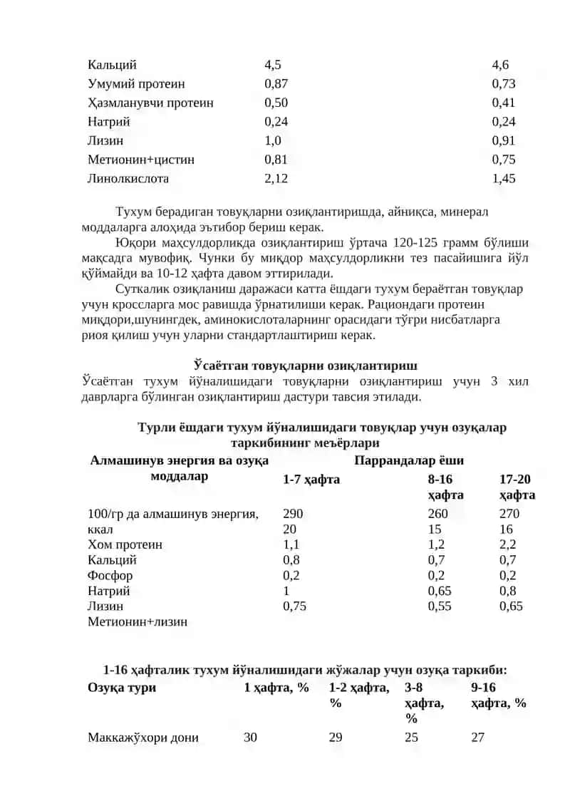 Tuhum yo‘nalishdagi tovuqlar uchun to‘liq qiymatli omuxta yem resepti 2
