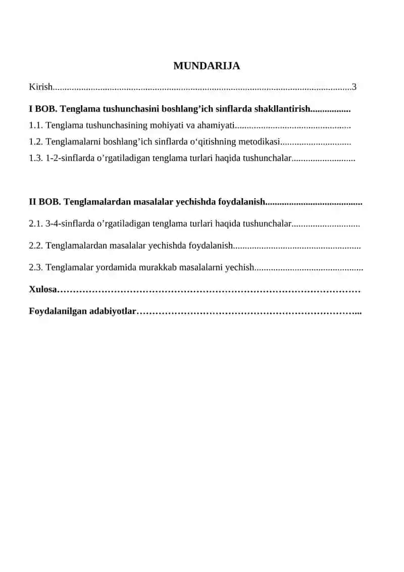 Boshlang'ich sinflarda matematika o'qitishda tenglama tushunchasini o'rgatish metodikasi kurs ishi 2