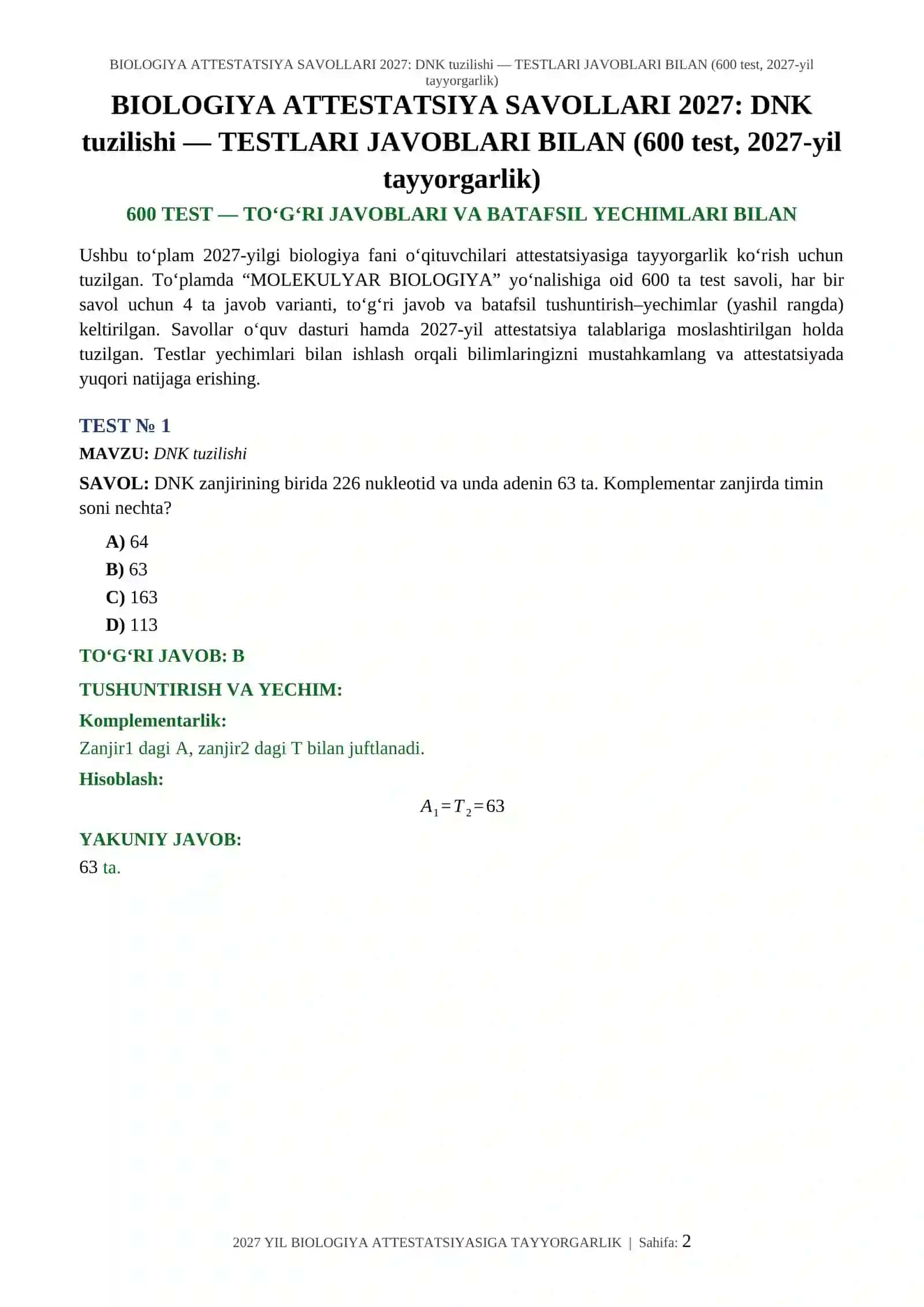 BIOLOGIYA ATTESTATSIYA SAVOLLARI 2027: DNK tuzilishi 2