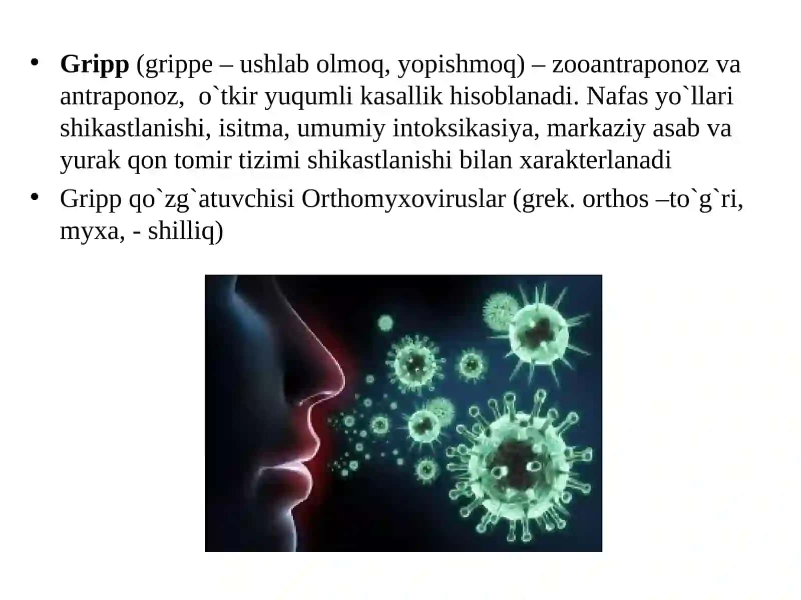 Respirator virusli yuqumli kasallik qo‘zg‘atuvchilari (gripp va paragripp, qizamiq,koronavirusCOVID–19adenoviruslar, qizilcha viruslari qo‘zg‘atuvchilari) 2