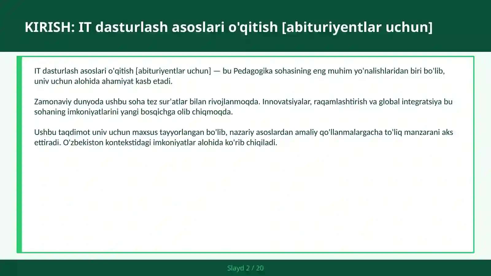 IT dasturlash asoslari o'qitish [abituriyentlar uchun] 2