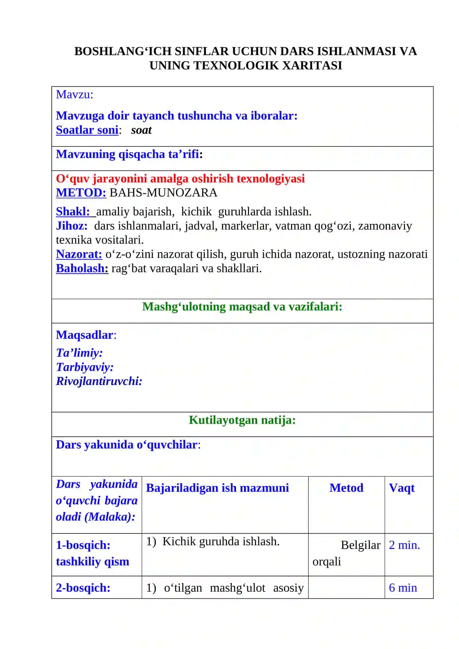 BOSHLANG‘ICH SINFLAR UCHUN DARS ISHLANMASI VA UNING TEXNOLOGIK XARITASI 2