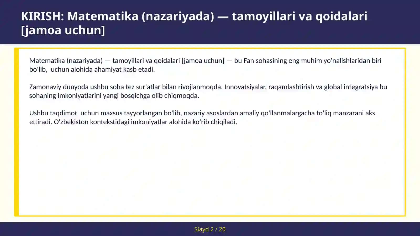 Matematika (nazariyada) — tamoyillari va qoidalari [jamoa uchun] 2