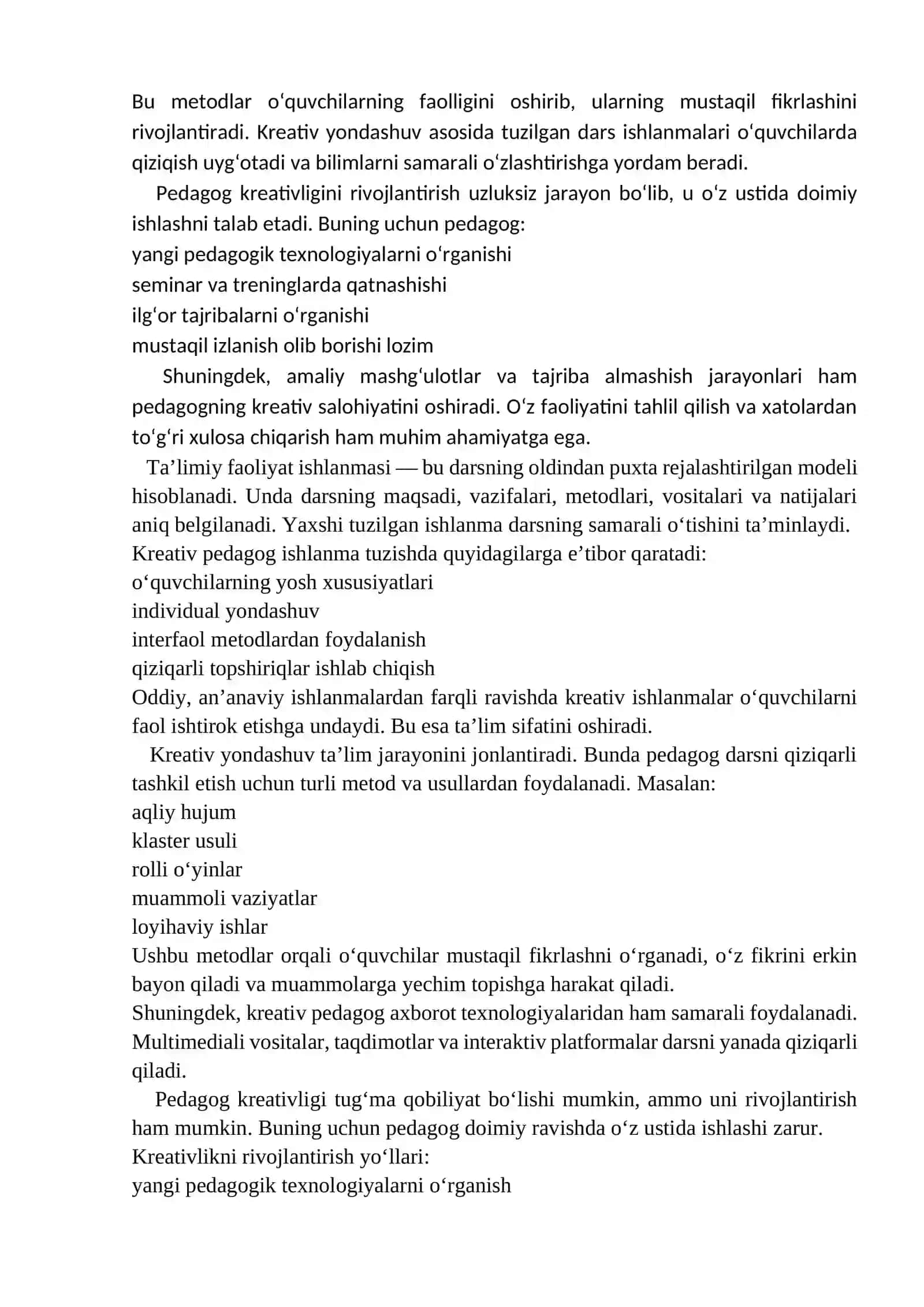 Talimiy faoliyat ishlanmalar tuzishda pedagogning kreativligI 2