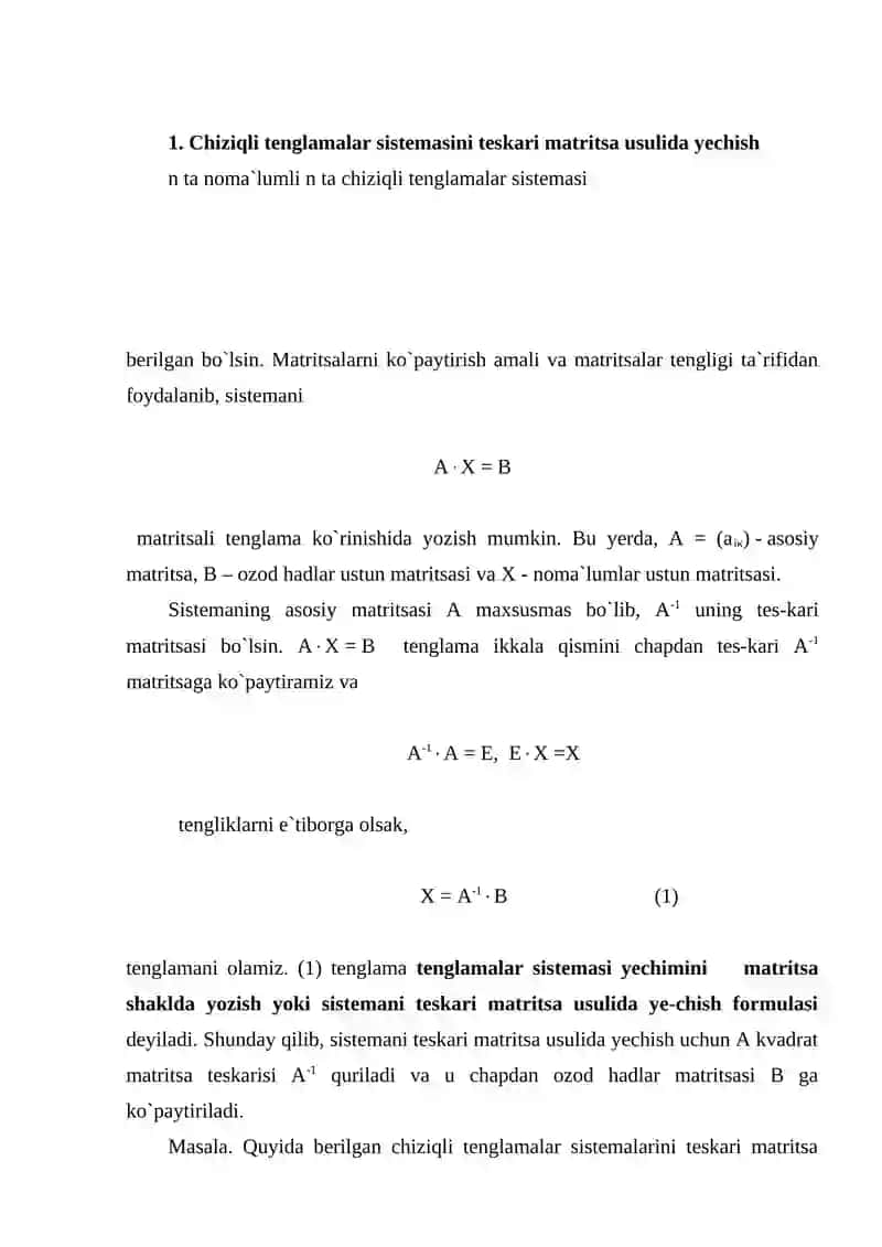 Chiziqli tenglamalar sistemasini matrisalar usulida ishlash 2