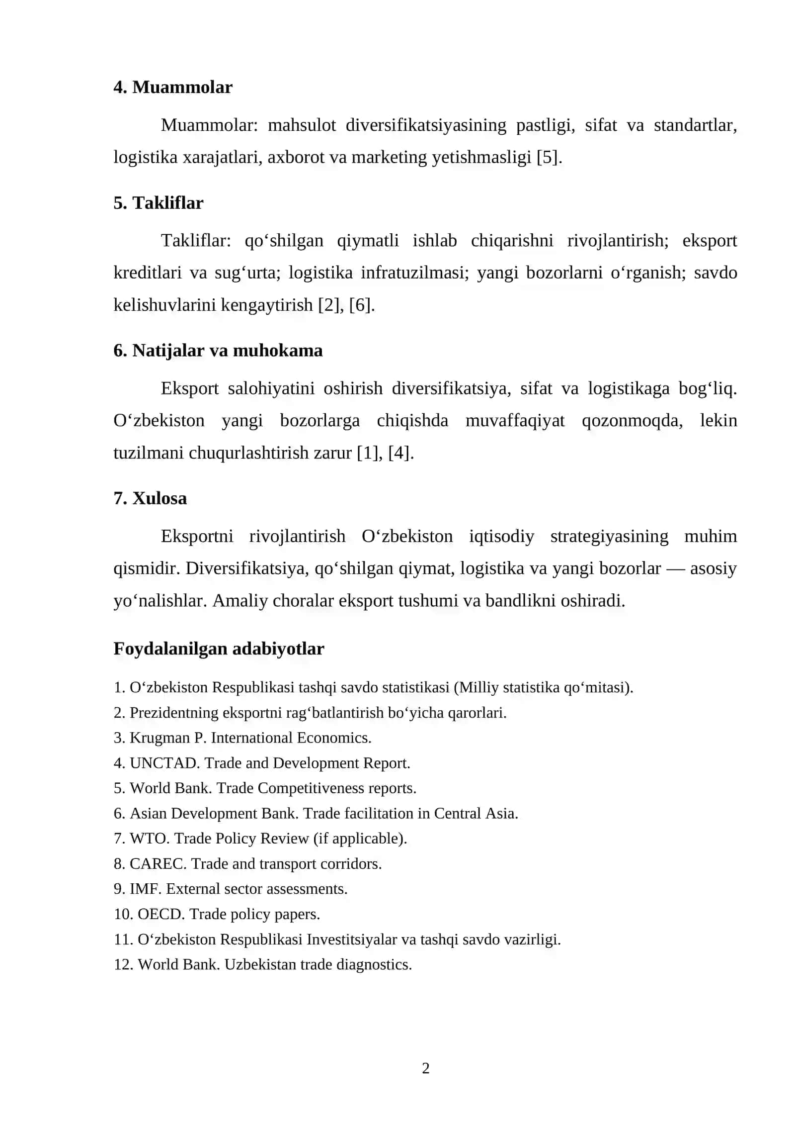 EKSPORT SALOHIYATINI OSHIRISH VA O‘ZBEKISTON TASHQI SAVDOSINI RIVOJLANTIRISH YO‘LLARI 2