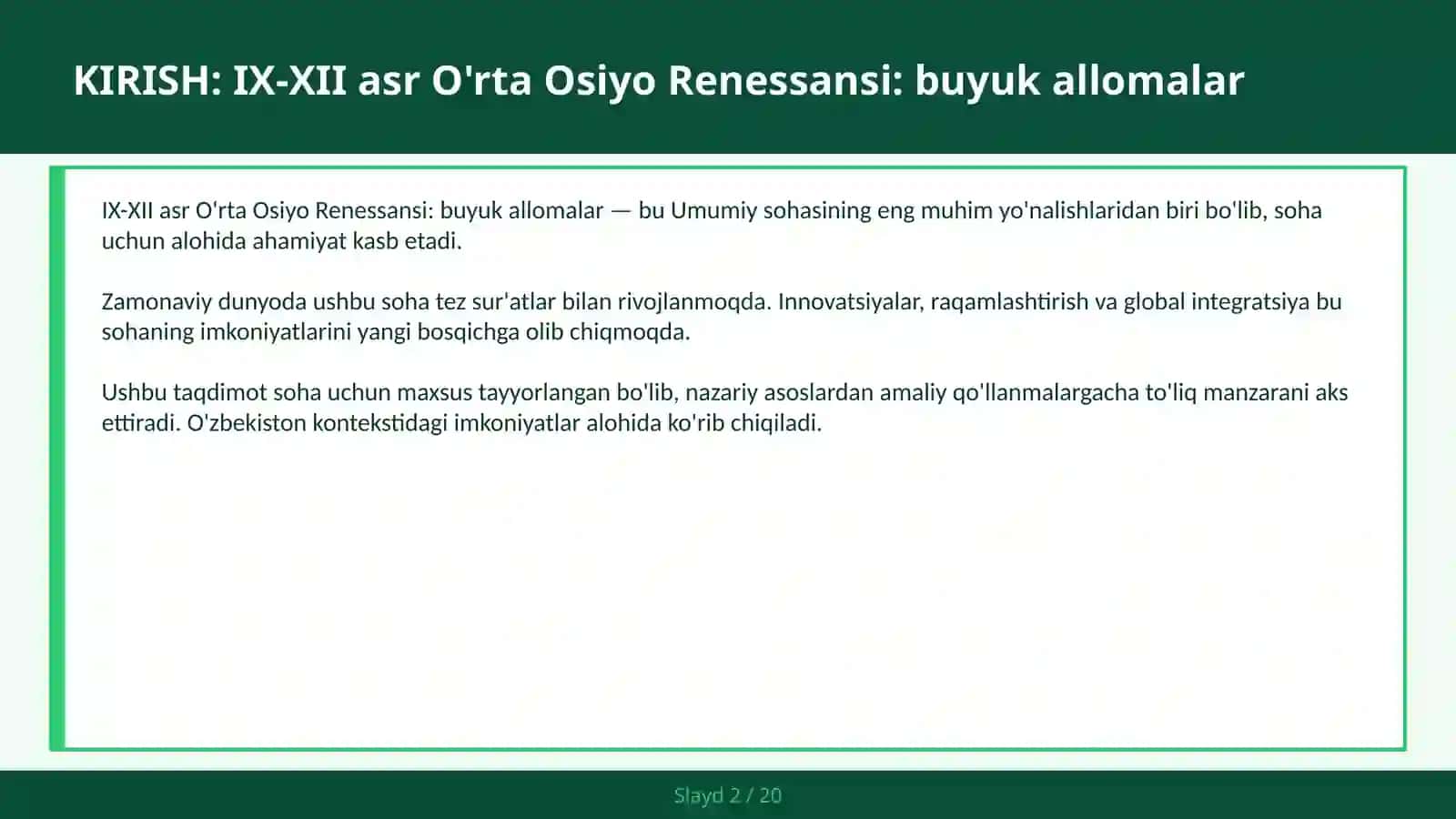 IX-XII asr O'rtachi Osiyo Renessansi: Buyuk Alloʻmalari 2