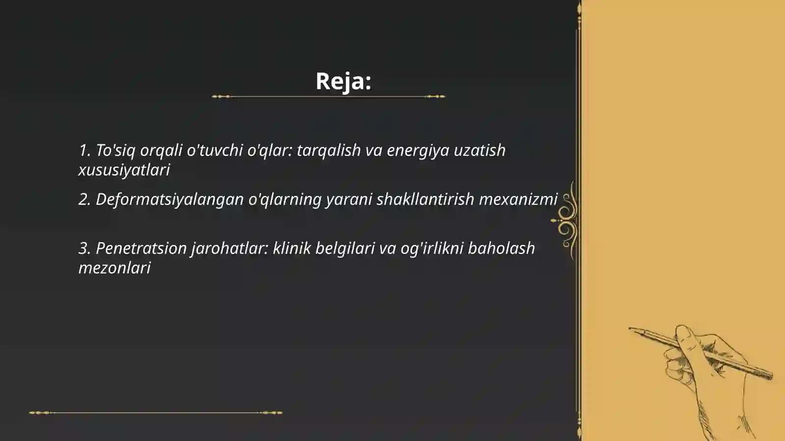 Tôsiq orqali va deformatsiyalangan ôqlar bilan jarohatlanish xususiyatlari.Zaharli ximikatlar tushunchasi. Turli dori moddalari bilan zaharlanish.Ôz R,,Fuqarolar soğliğini saqlash tôğrisidagai" Qonun 2