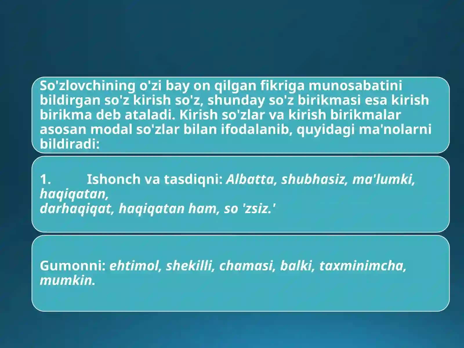 Kirish so’z, kirish birikma va kiritma gaplar 2