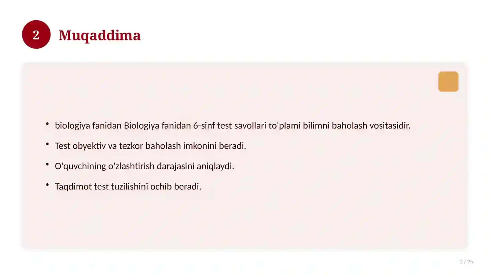 Biologiya fanidan 6-sinf test savollari to'plami 2