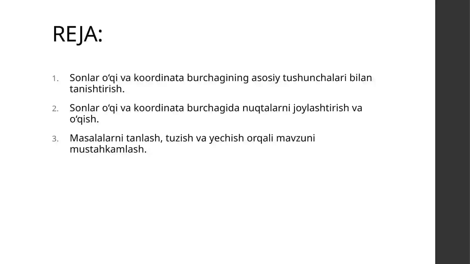 SONLAR O'QI, KOORDINATA BURCHAGI BO'YICHA MASALALAR TANLASH VA TAYYORLASH 2