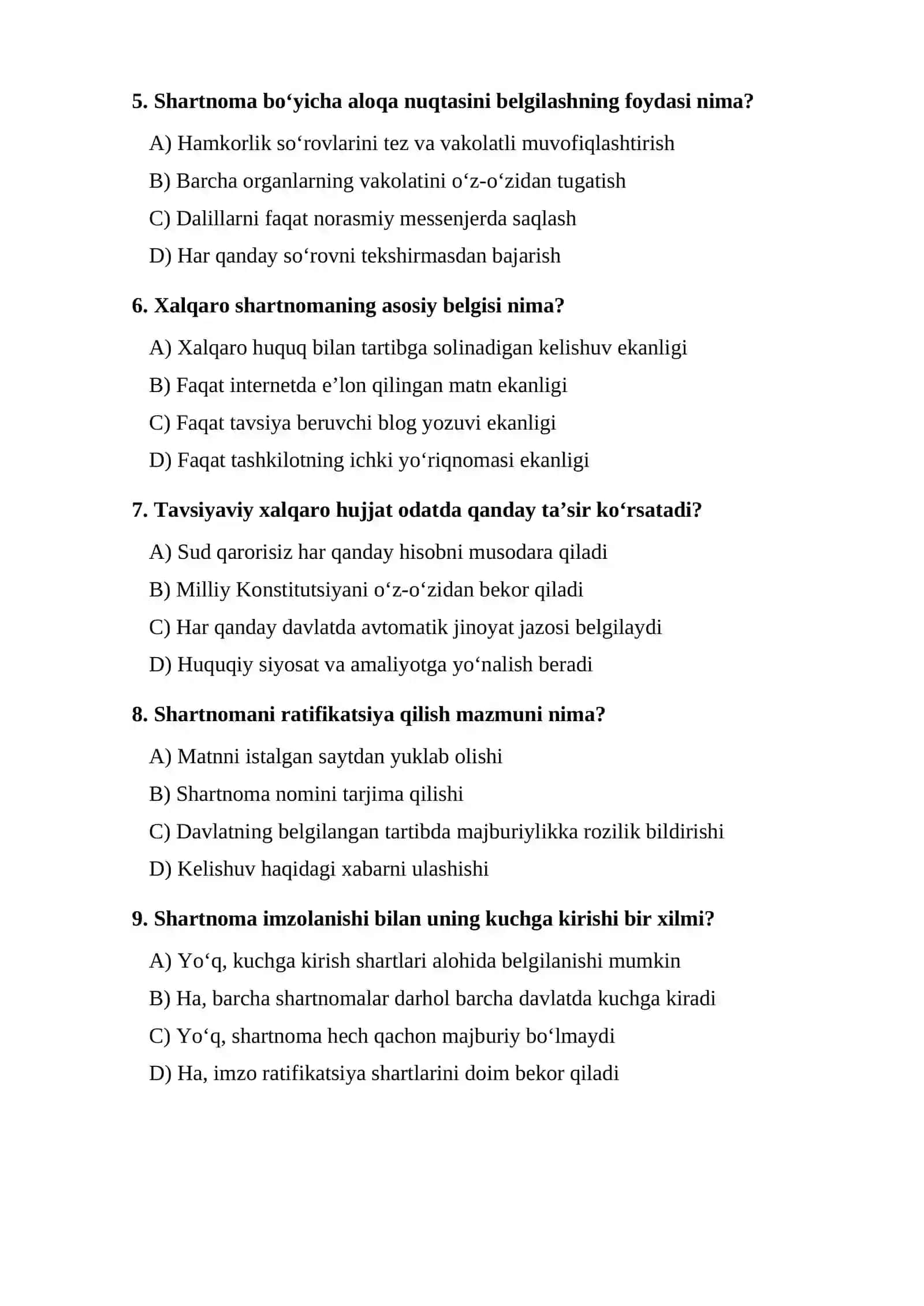 Kiber huquq sohasiga oid mintaqaviy kelishuvlar va shartnomalar mavzusi bo‘yicha TEST 2