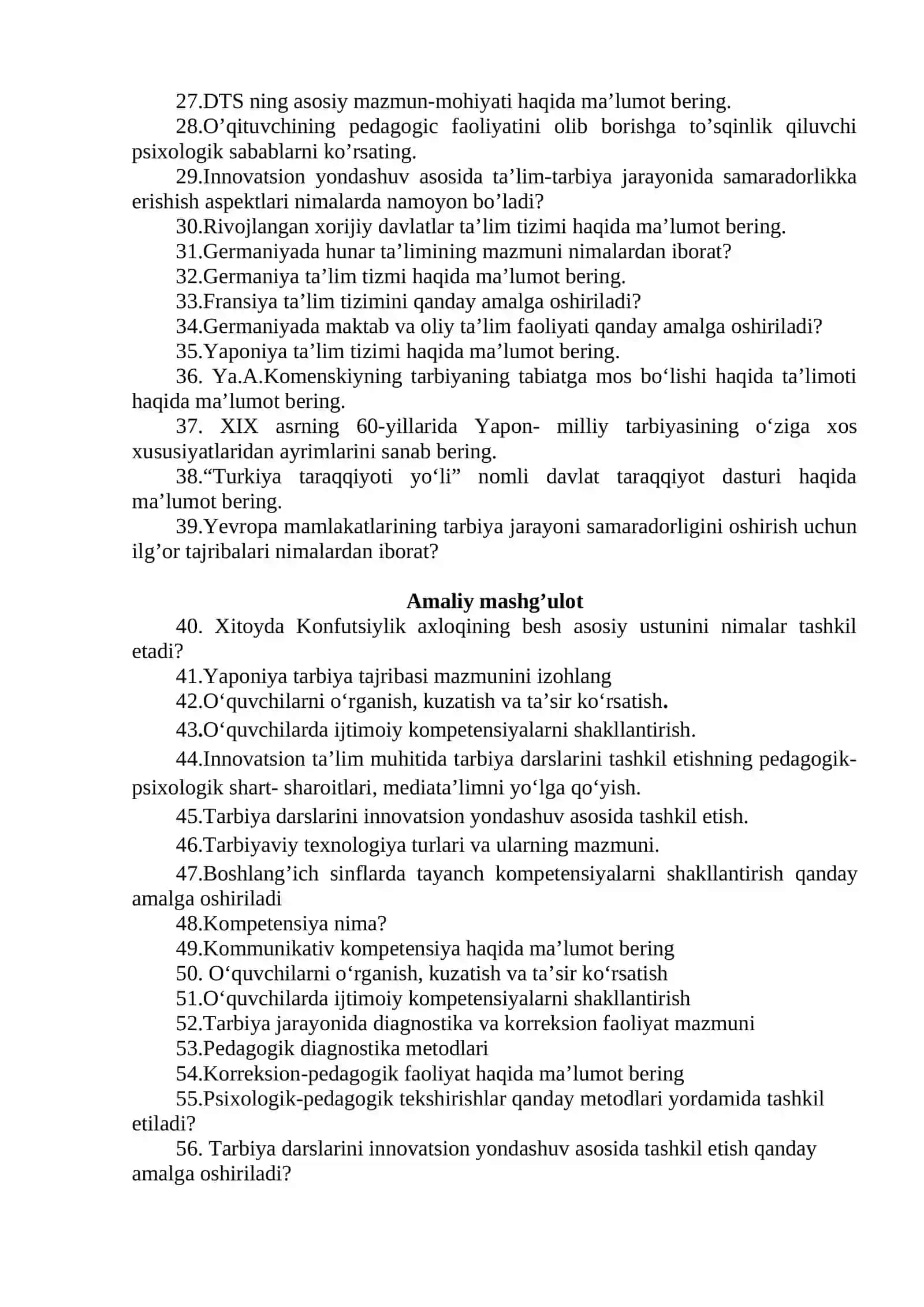 “Tarbiya fanini o’qitish metodikasi” fanidan yakuniy nazorat savollari 2