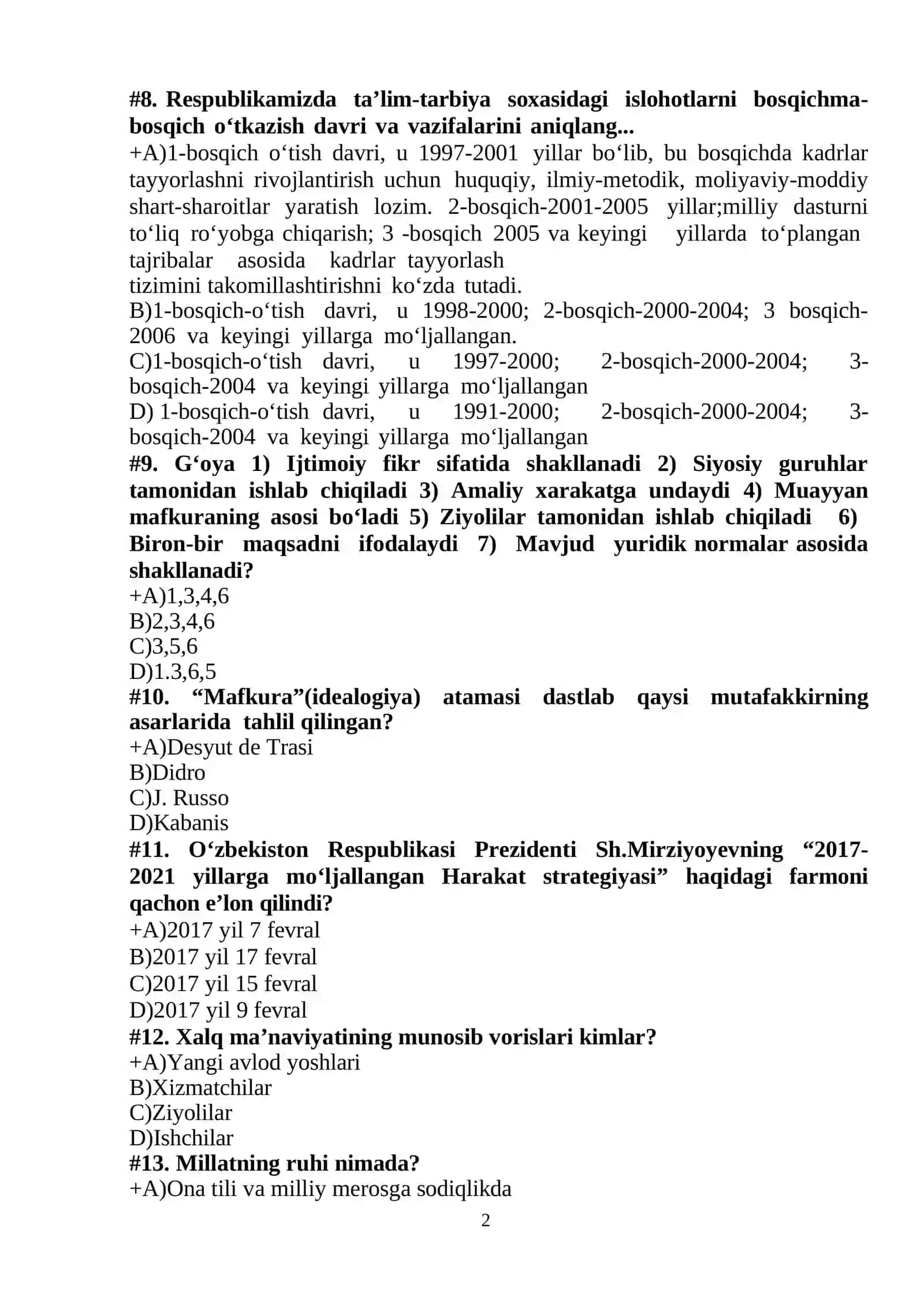 FANGA OID BILIM VA KO‘NIKMALARNI MUSTAHKAMLASHGA YO‘NALTIRILGAN TEST SAVOLLARI 2